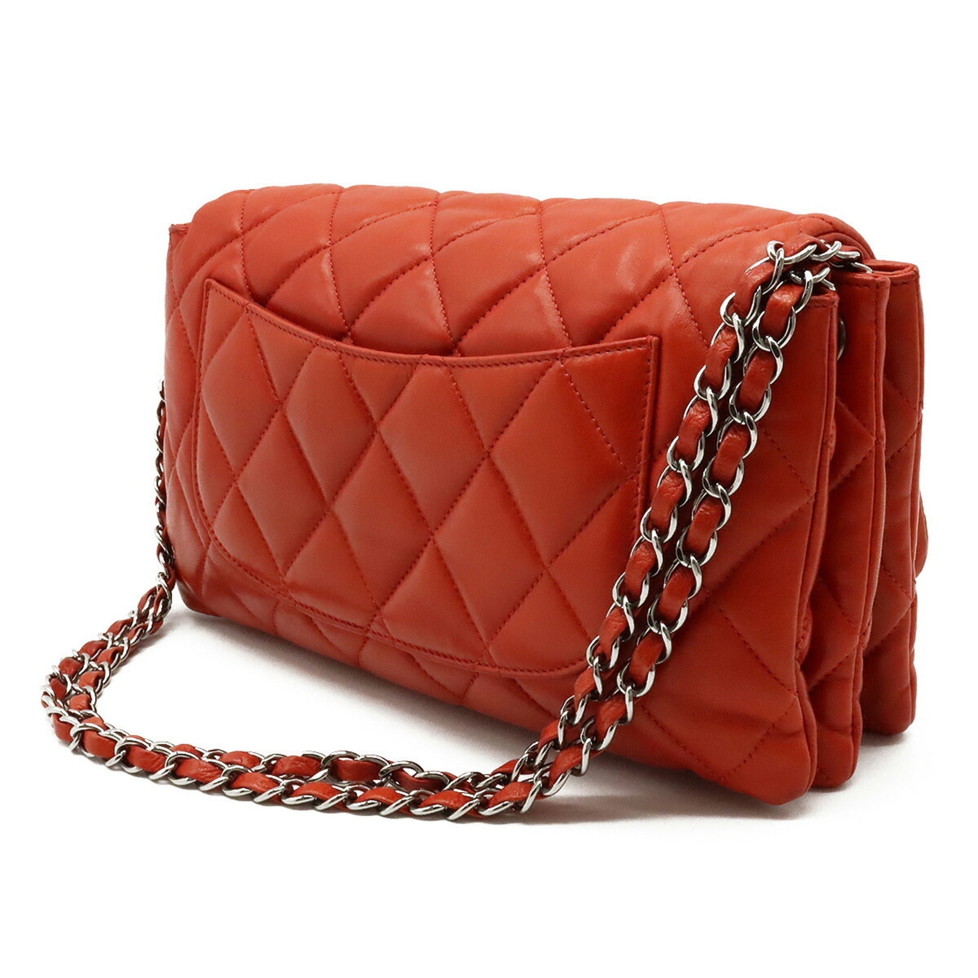 CHANEL matelasse here mark chain shoulder bag accordion leather blood orange