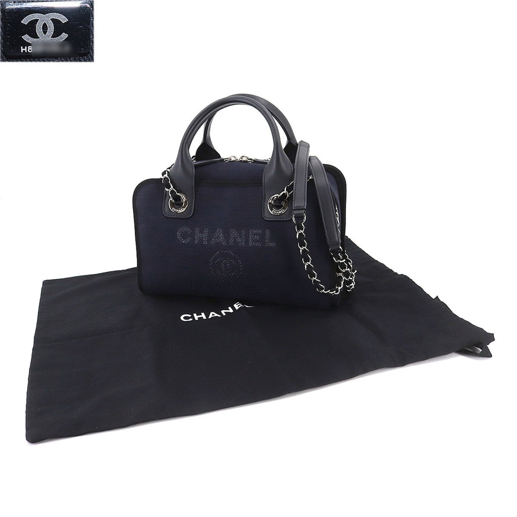 CHANEL Deauville Bowling 2way Hand Chain Shoulder Bag Canvas Leather Navy A92749