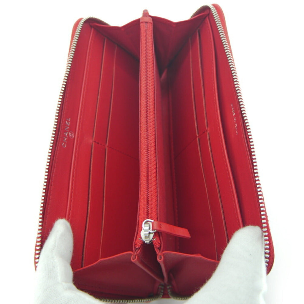 CHANEL camellia embossed round long wallet lambskin red A82281