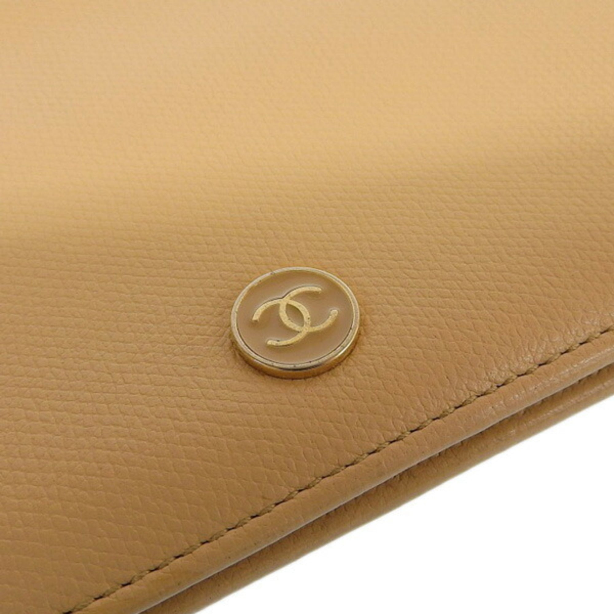 CHANEL Leather Coco Button Bifold Long Wallet Beige Ladies