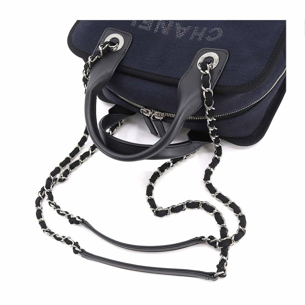 CHANEL Deauville Bowling 2way Hand Chain Shoulder Bag Canvas Leather Navy A92749