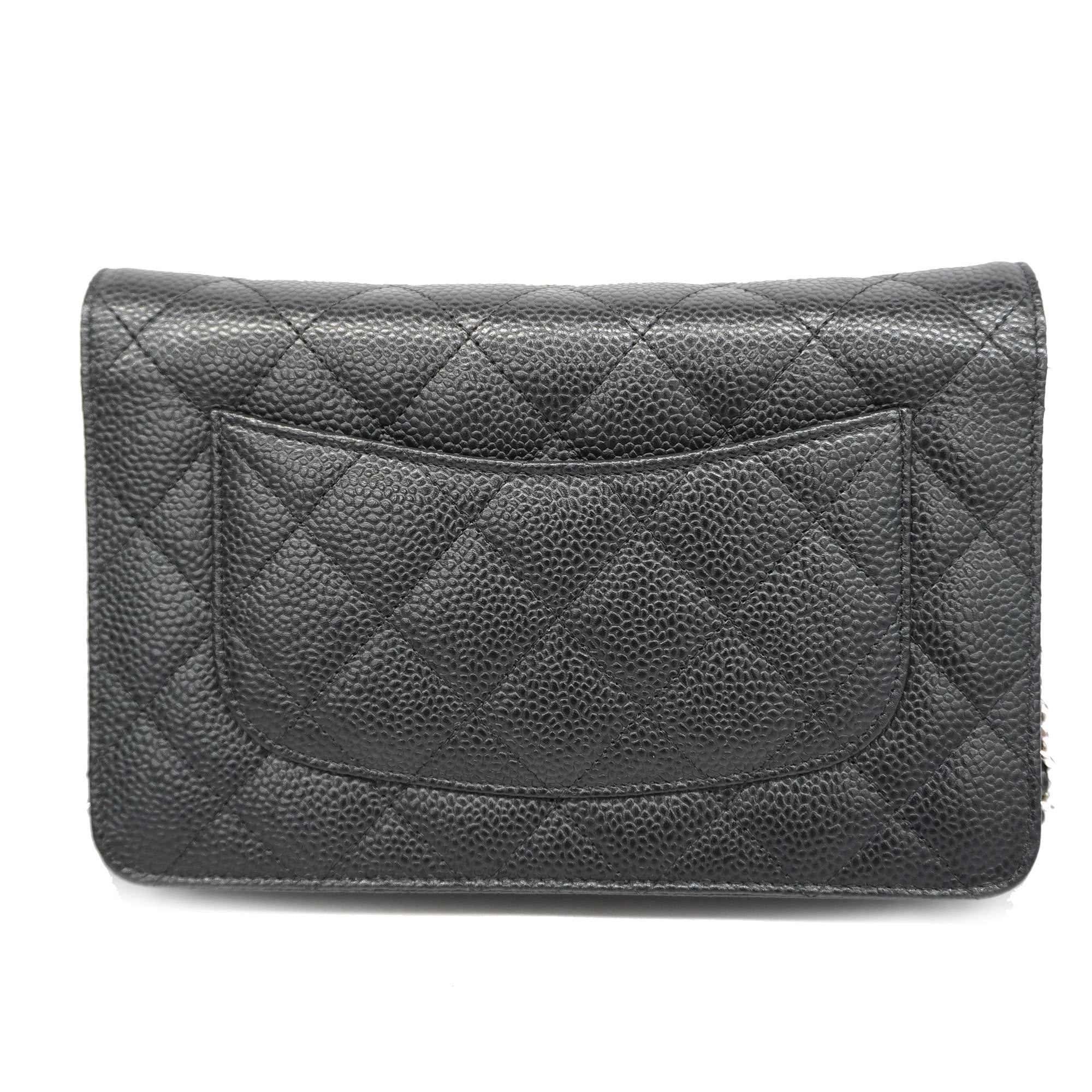 CHANEL  Matelasse Silver Hardware Caviar Leather Chain/Shoulder Wallet Black