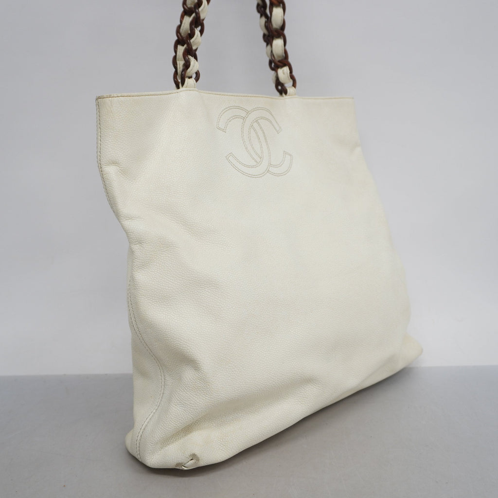 CHANEL TOTE BAG CAVIAR SKIN WHITE GOLD metal