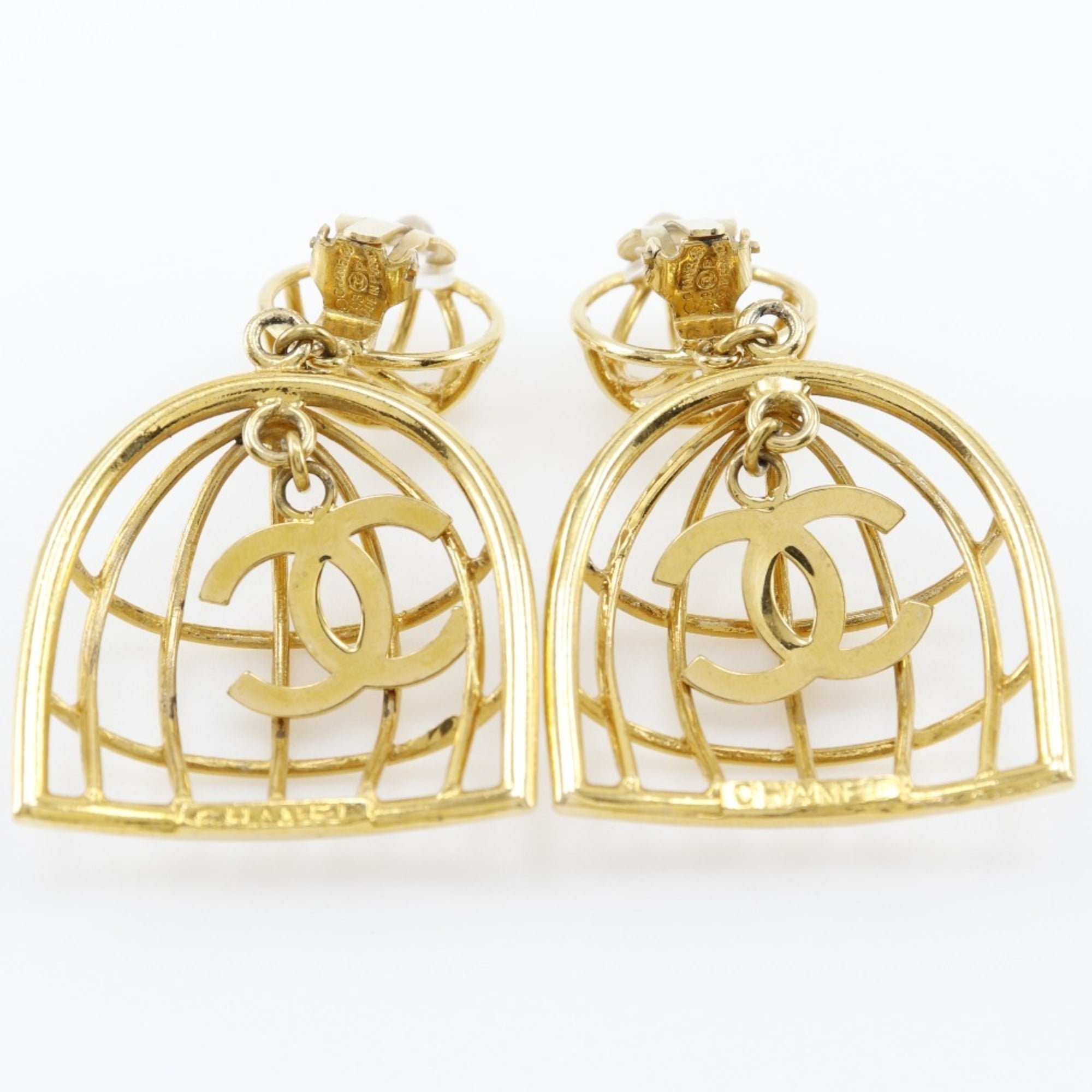 CHANEL Bird Cage Earrings Gold Plated Made in France 1993 93P Women's