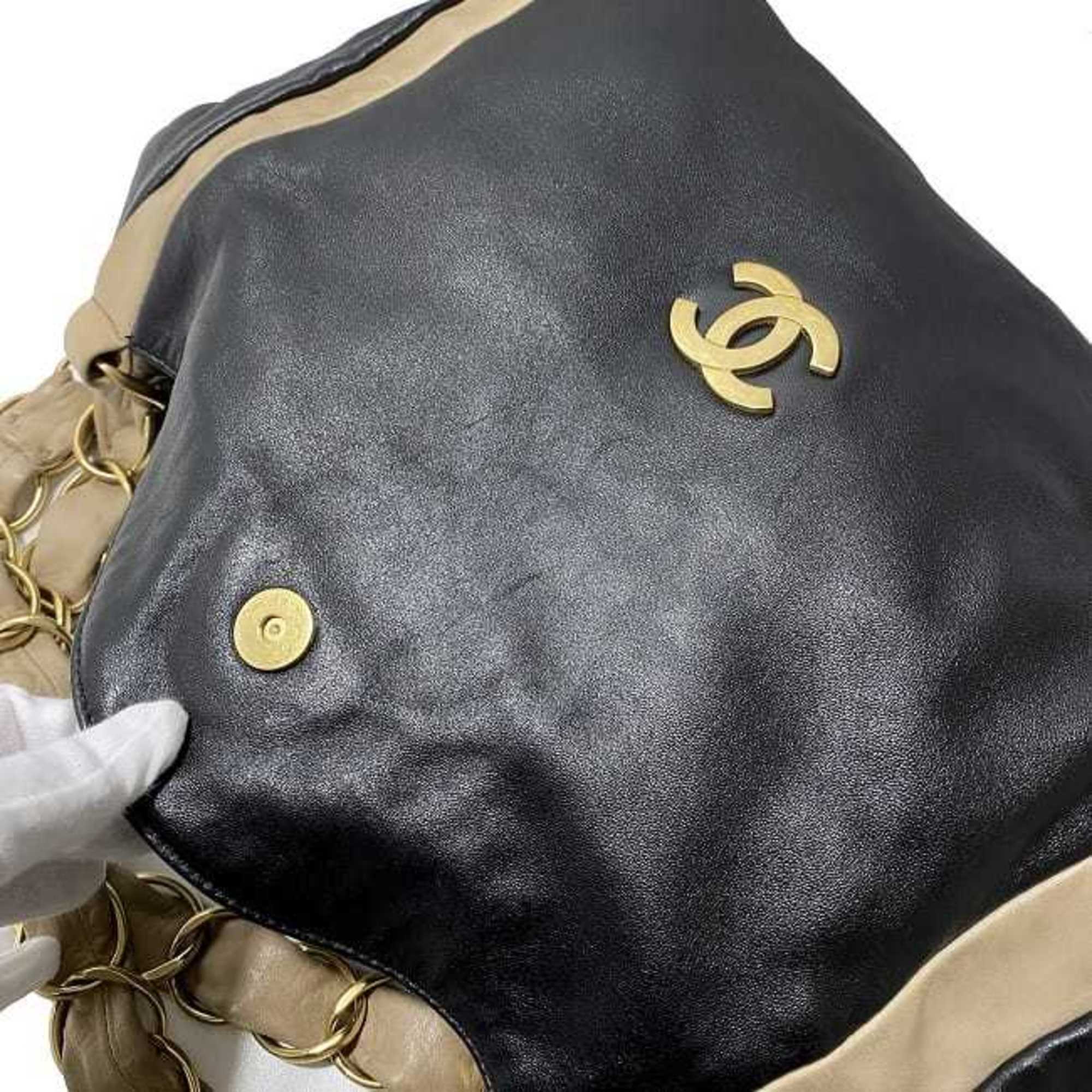 CHANEL Chain Tote Bag Black Beige Gold Cocomark Leather Lambskin 7th  Big Soft