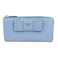 PRADA L-shaped zipper long wallet logo ribbon leather light blue silver ladies