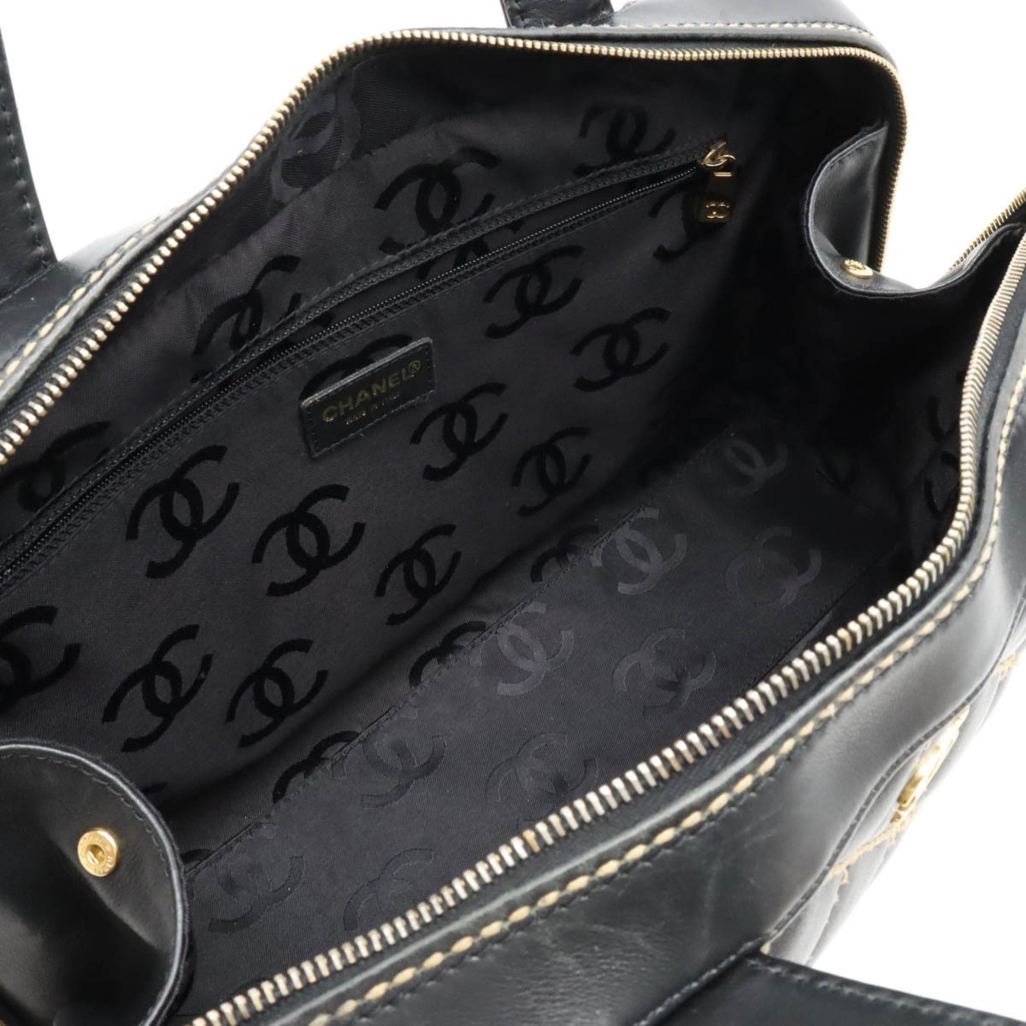 CHANEL Wild Stitch Handbag Boston Bag Leather Black A14692