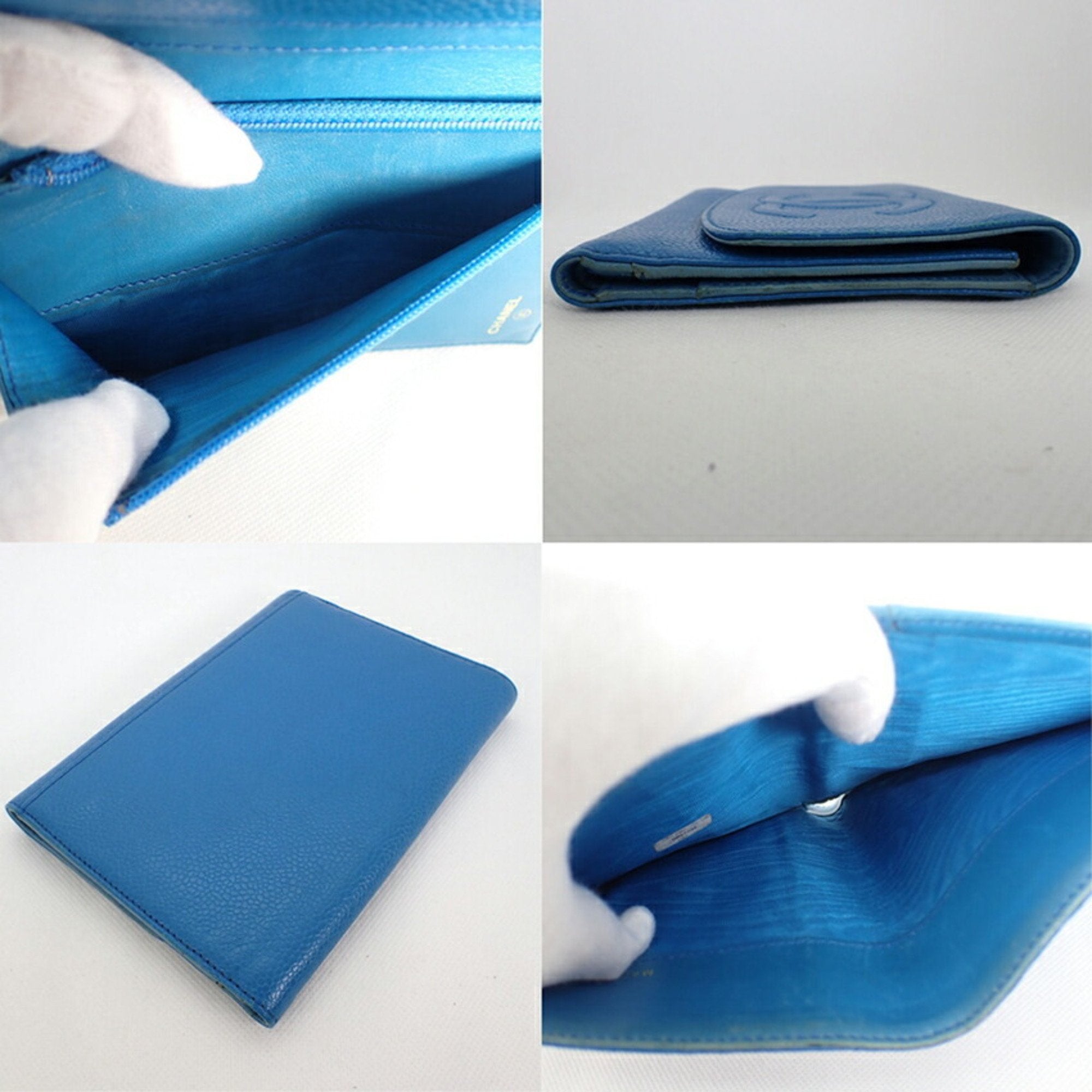 CHANEL here mark caviar skin tri-fold wallet blue with seal No. 5