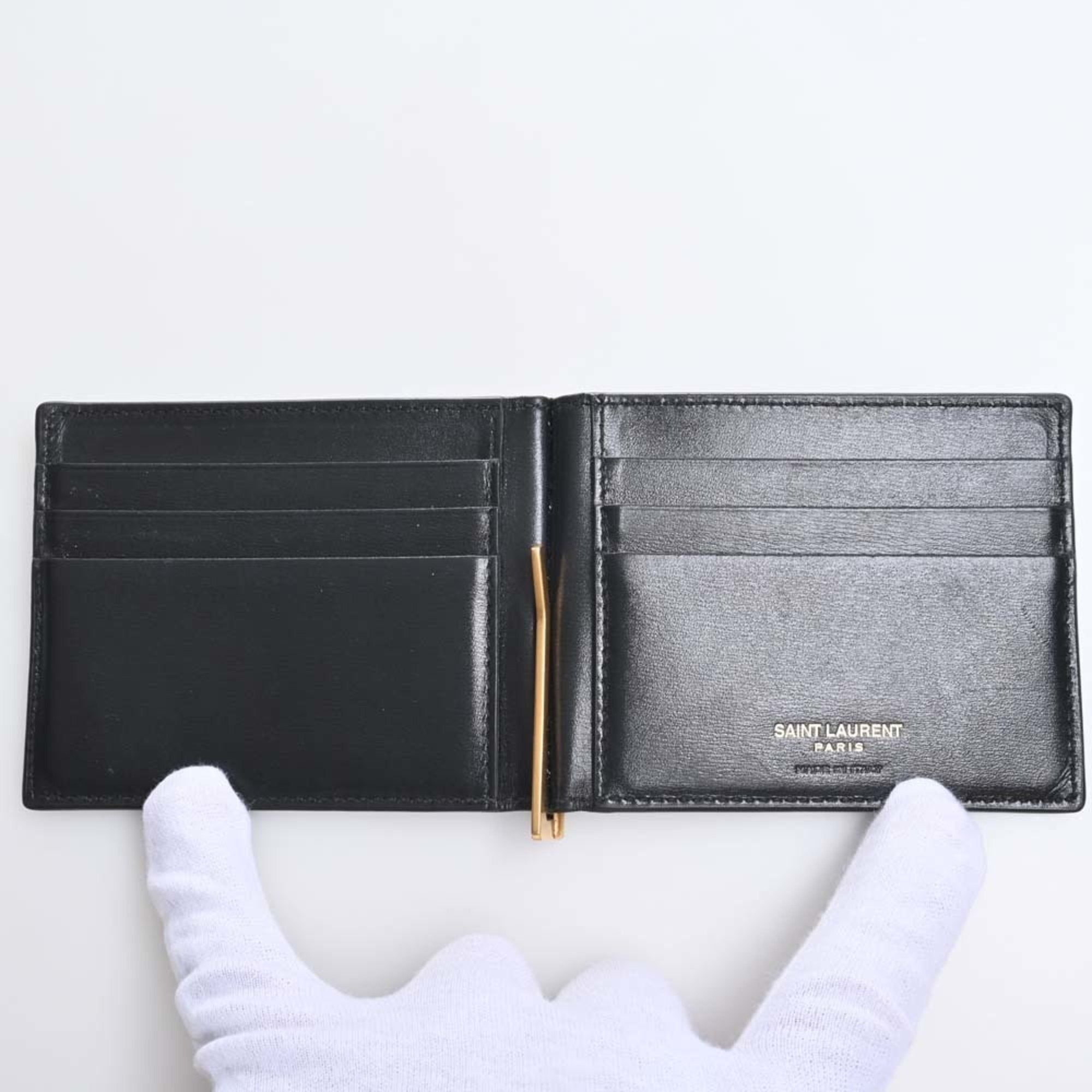 SAINT LAURENT Leather Money Clip Bill Billfold 607738 Black Men's