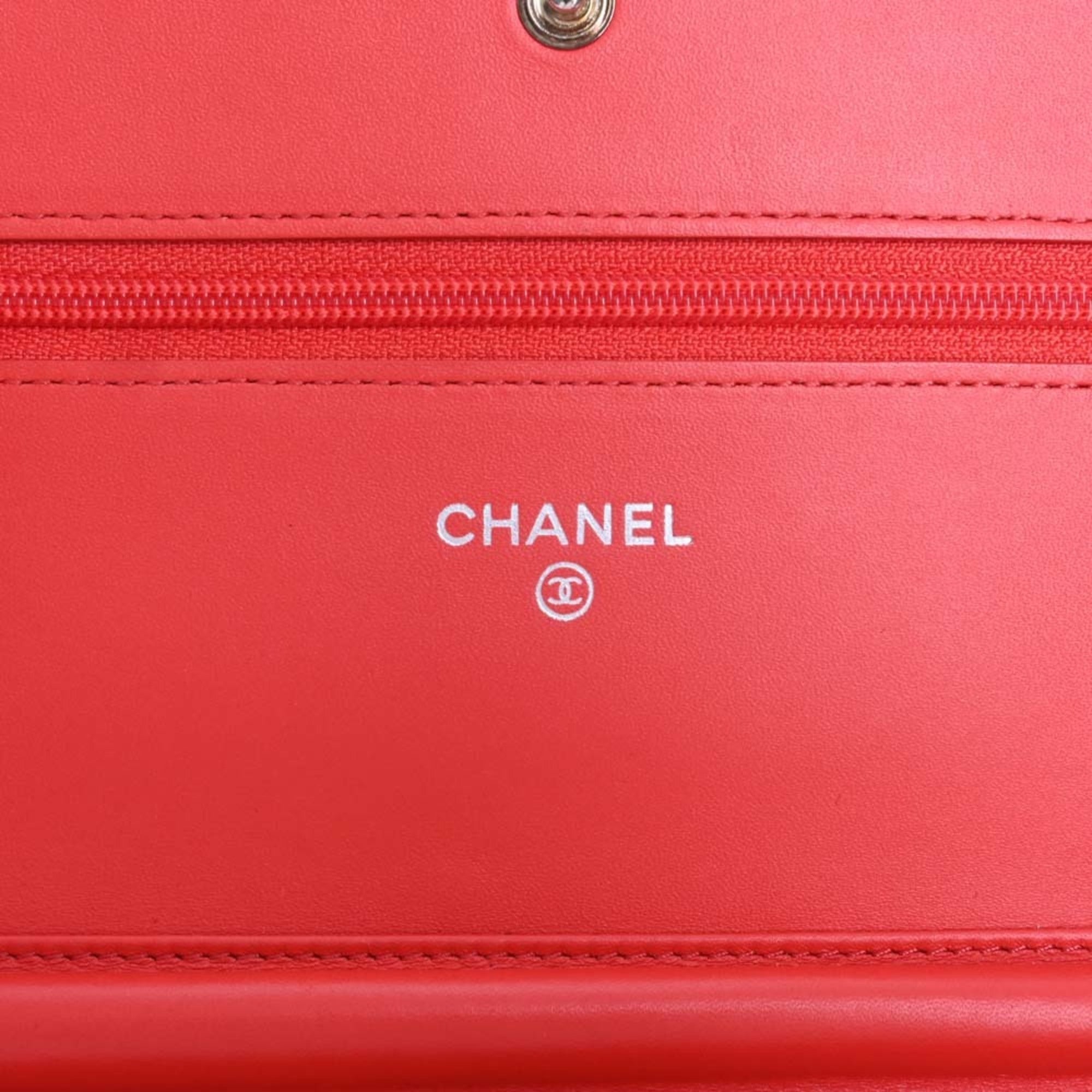 CHANEL Caviar Skin Coco Mark Chain Shoulder Long Wallet Orange Ladies