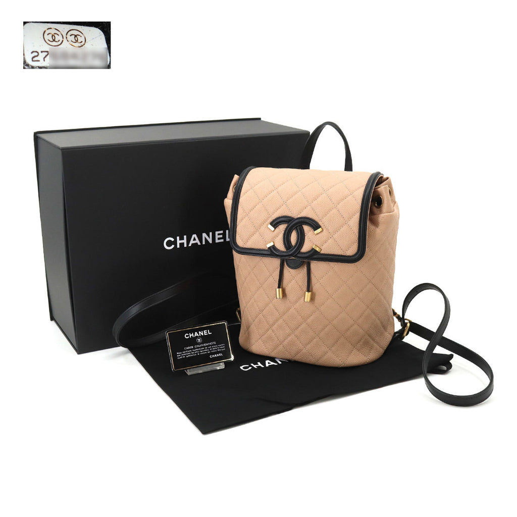CHANEL CC filigree backpack rucksack caviar skin beige black A57090 Filigree Backpack