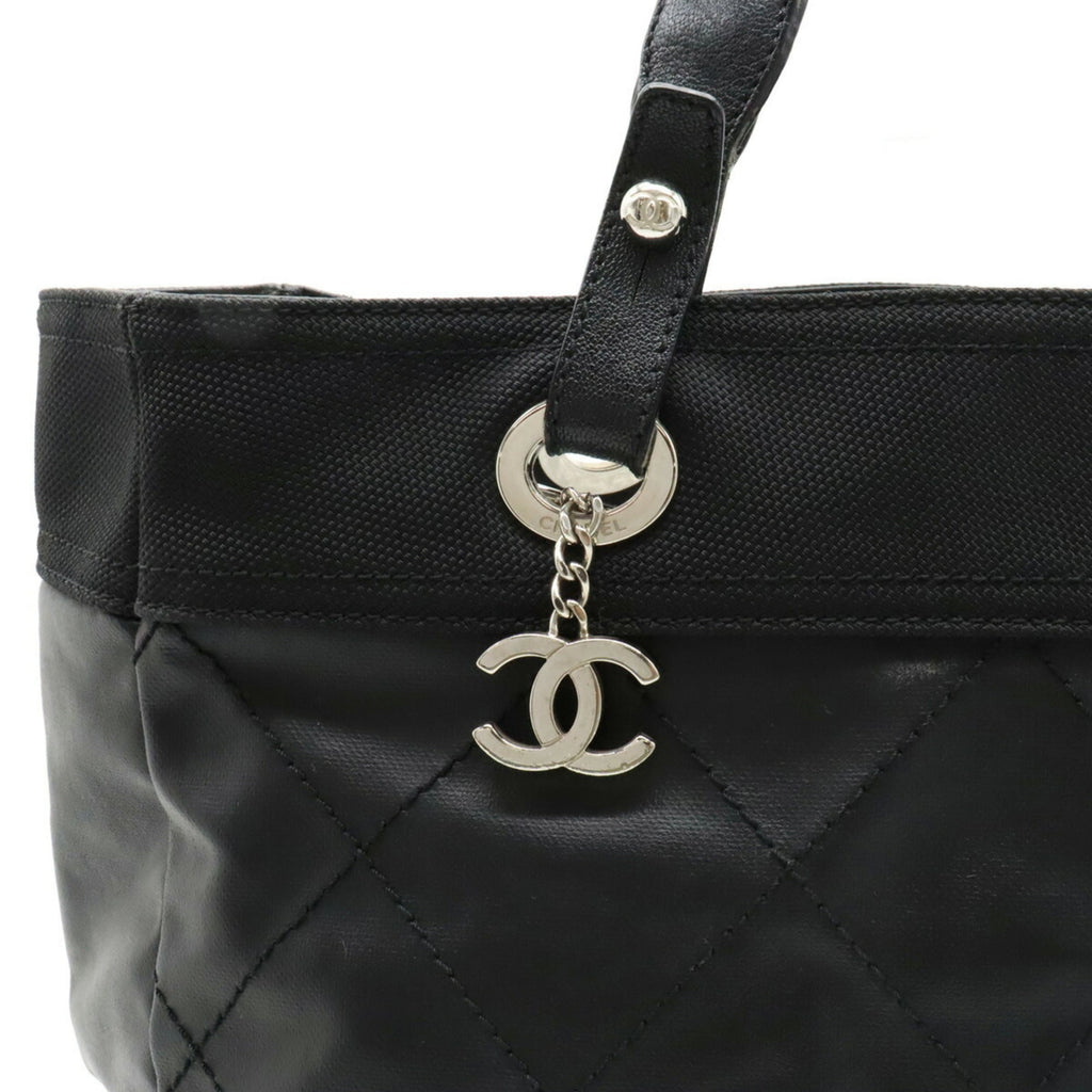 CHANEL Paris Biarritz Tote MM Bag Handbag Coated Canvas Black A34209
