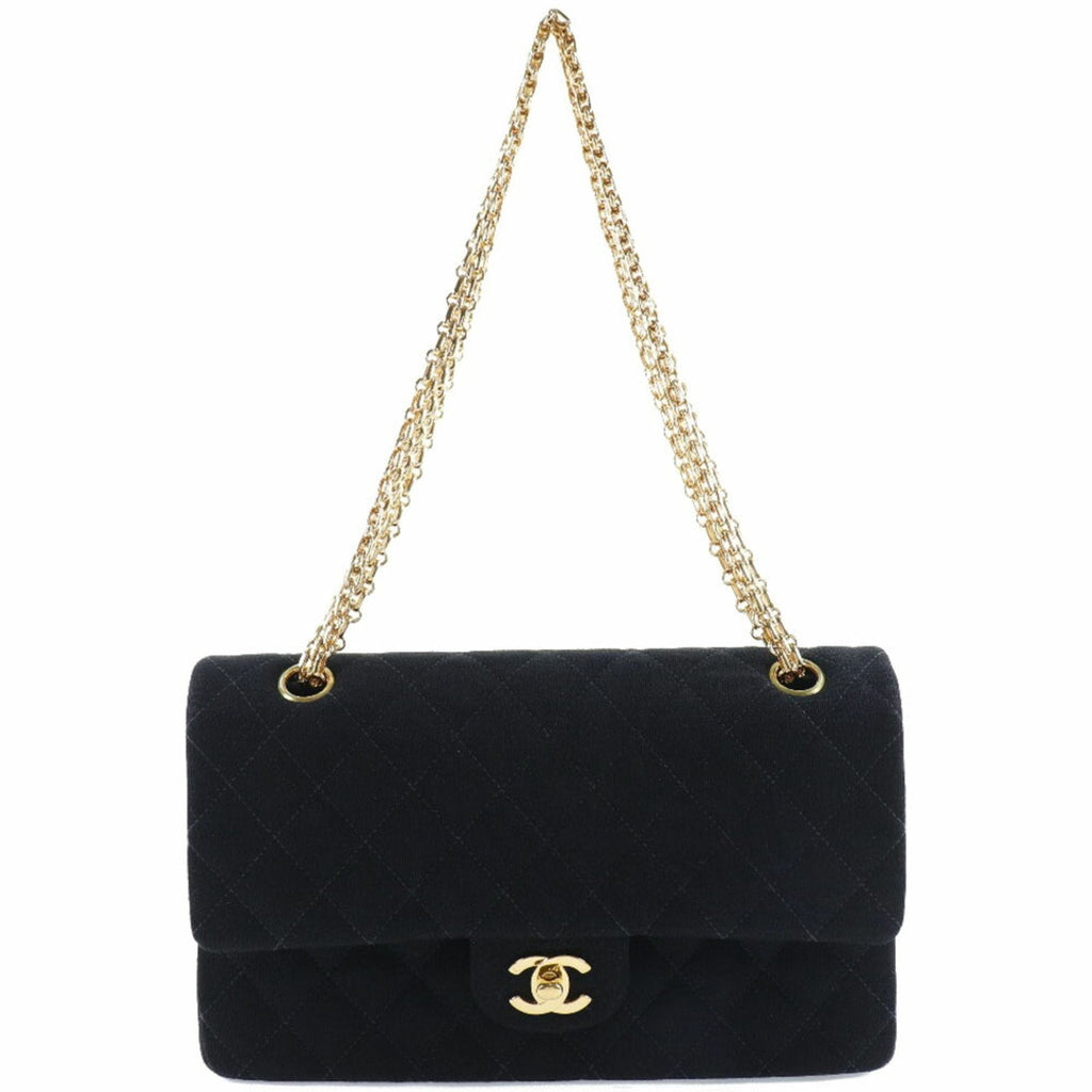 Chanel chain shoulder double flap matelasse cotton canvas black women's bag