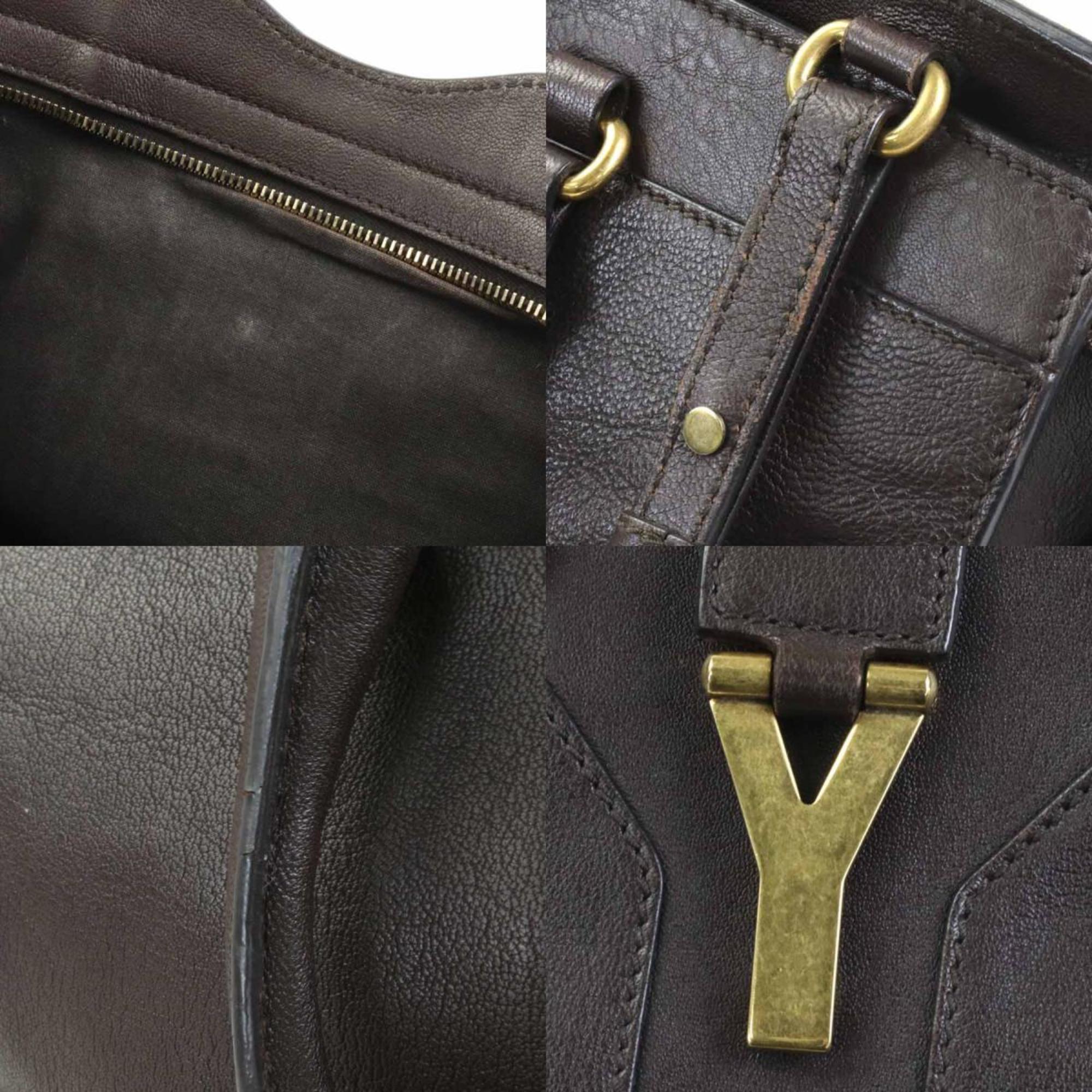 YVES SAINT LAURENT Handbag Shoulder Bag Y Line Cabas Leather Dark Brown Gold Women's e56055f