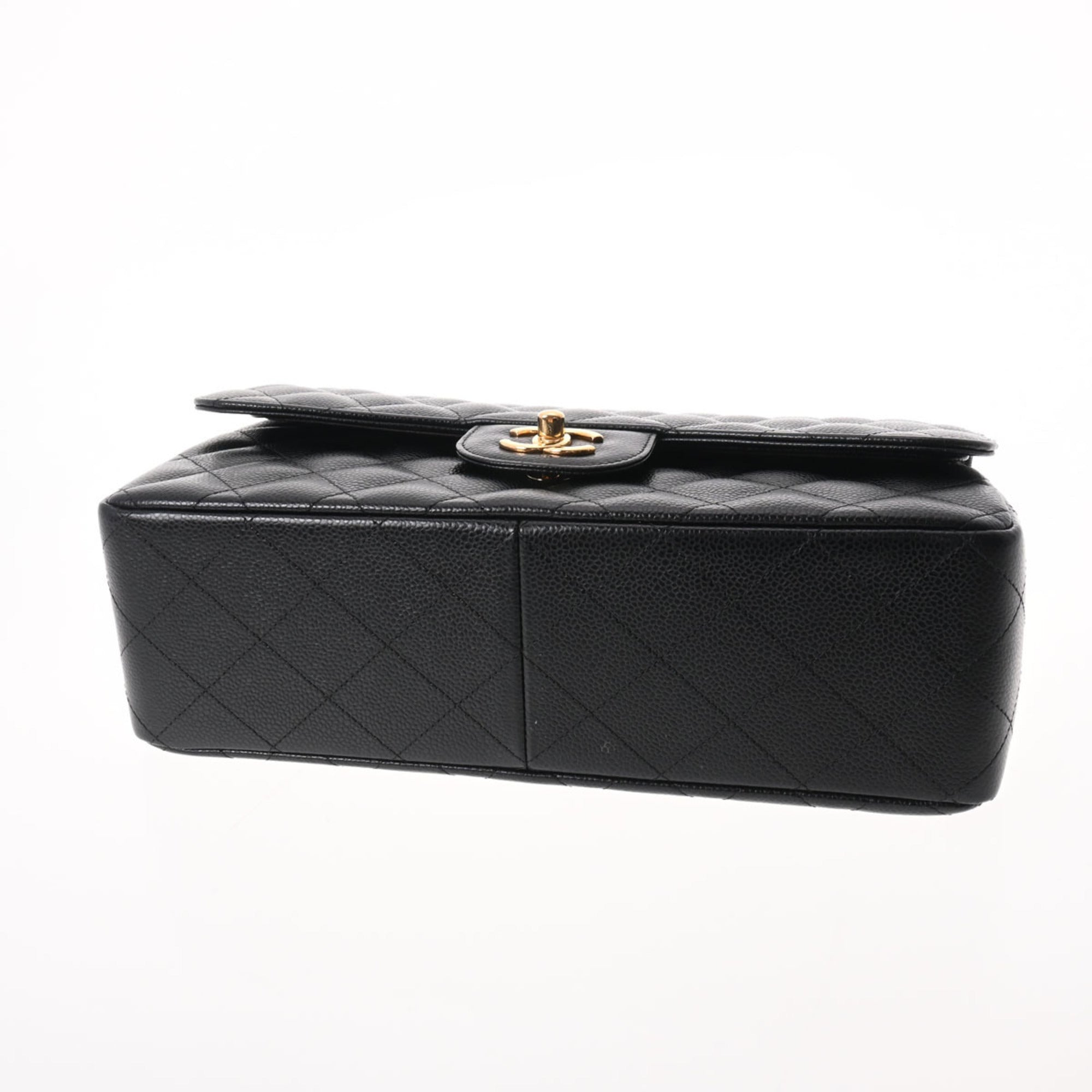 CHANEL matelasse chain shoulder W flap 30cm black ladies caviar skin bag