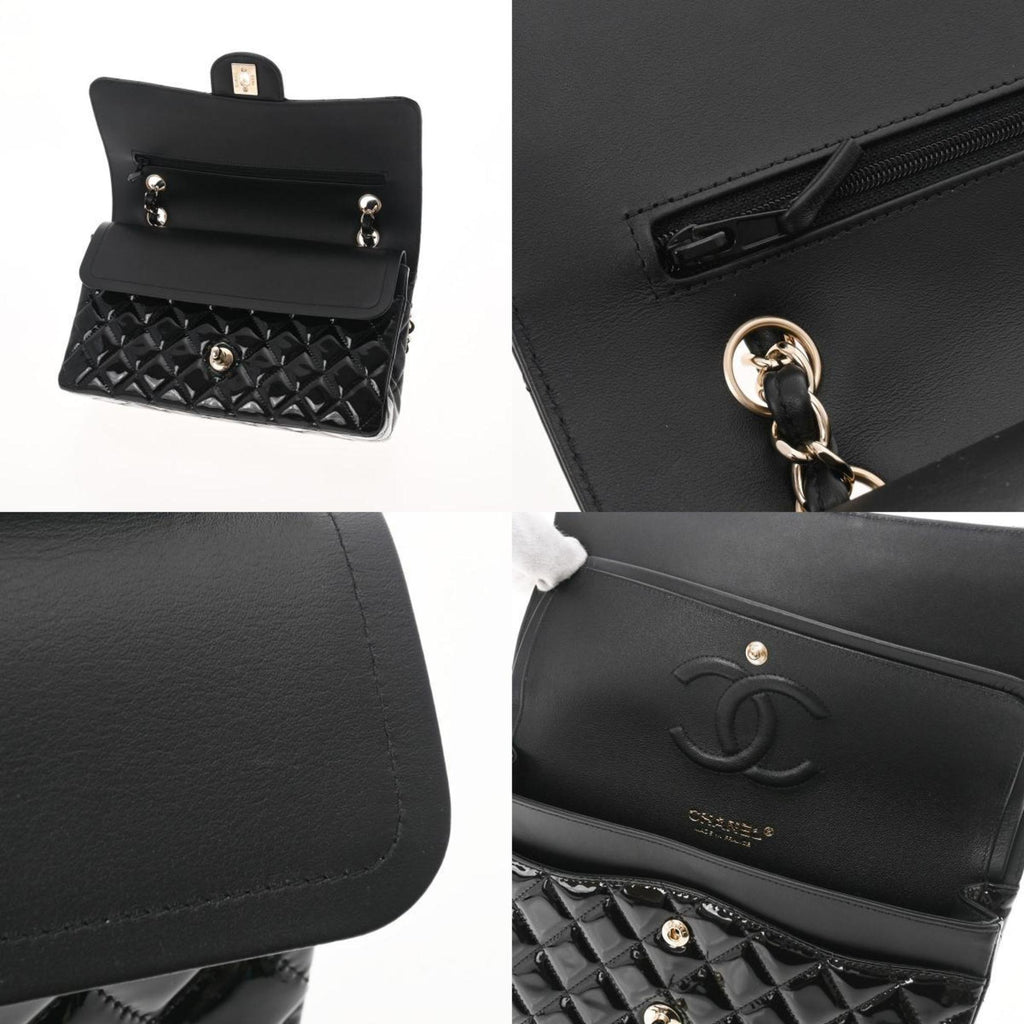 CHANEL matelasse W flap chain shoulder 25 black champagne ladies patent leather bag