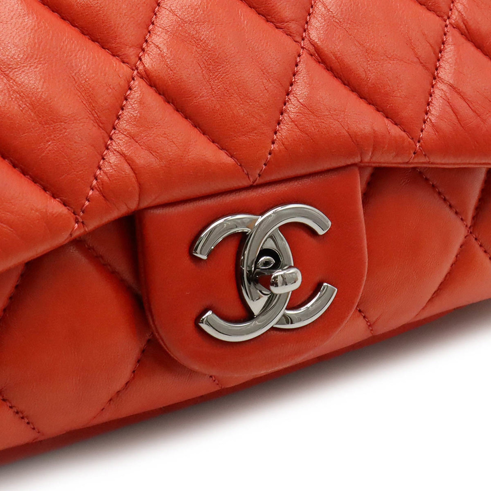 CHANEL matelasse here mark chain shoulder bag accordion leather blood orange