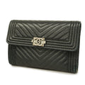 CHANELAuth  Boy  Tri-fold Wallet Silver Metal Fittings Women's Caviar