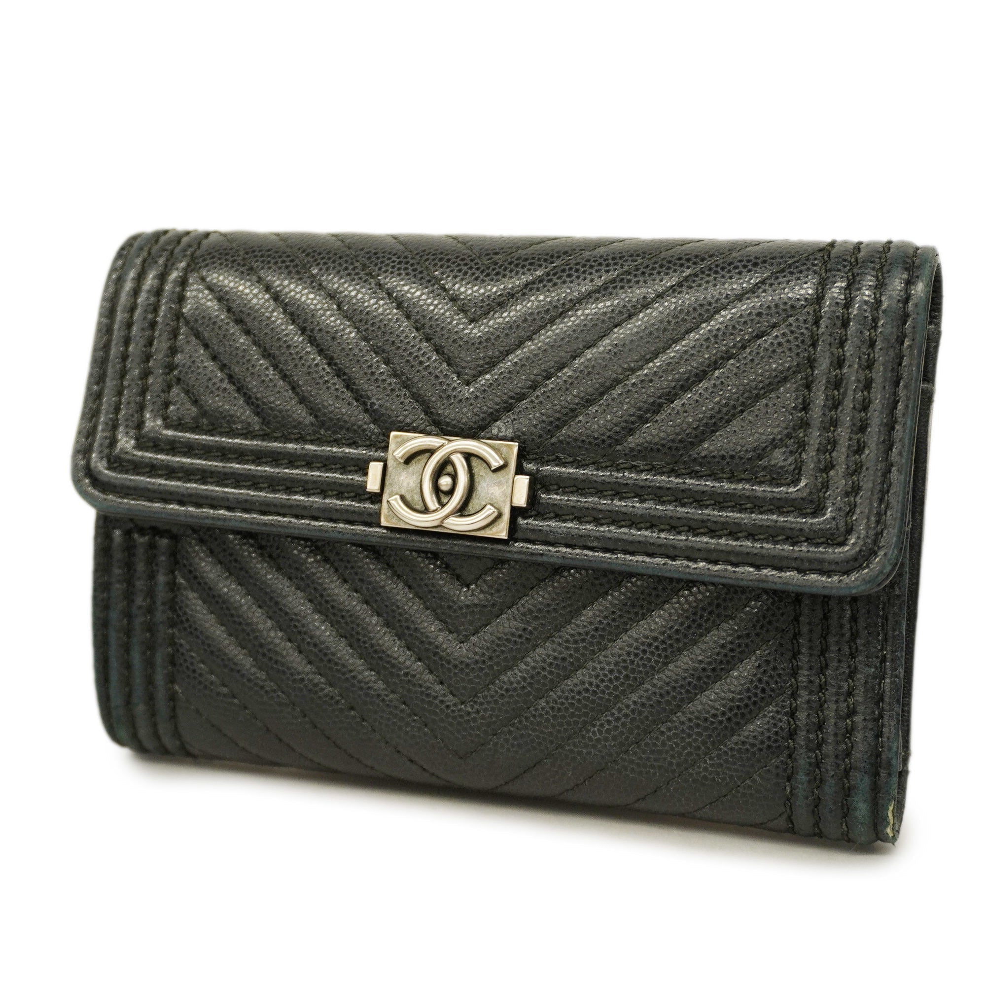 CHANELAuth  Boy  Tri-fold Wallet Silver Metal Fittings Women's Caviar