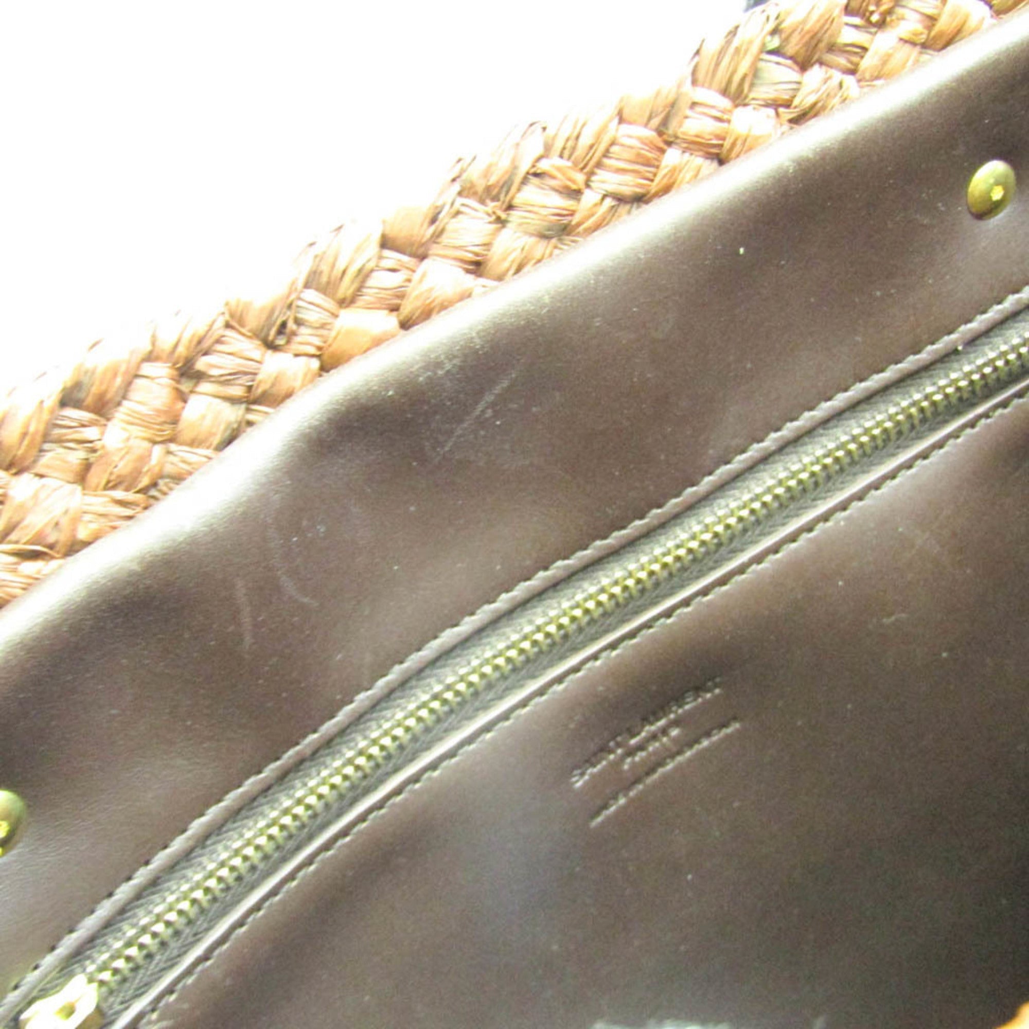 SAINT LAURENT Pannier Small 579518 Women's Raffia,Leather Tote Bag Brown,Dark Brown