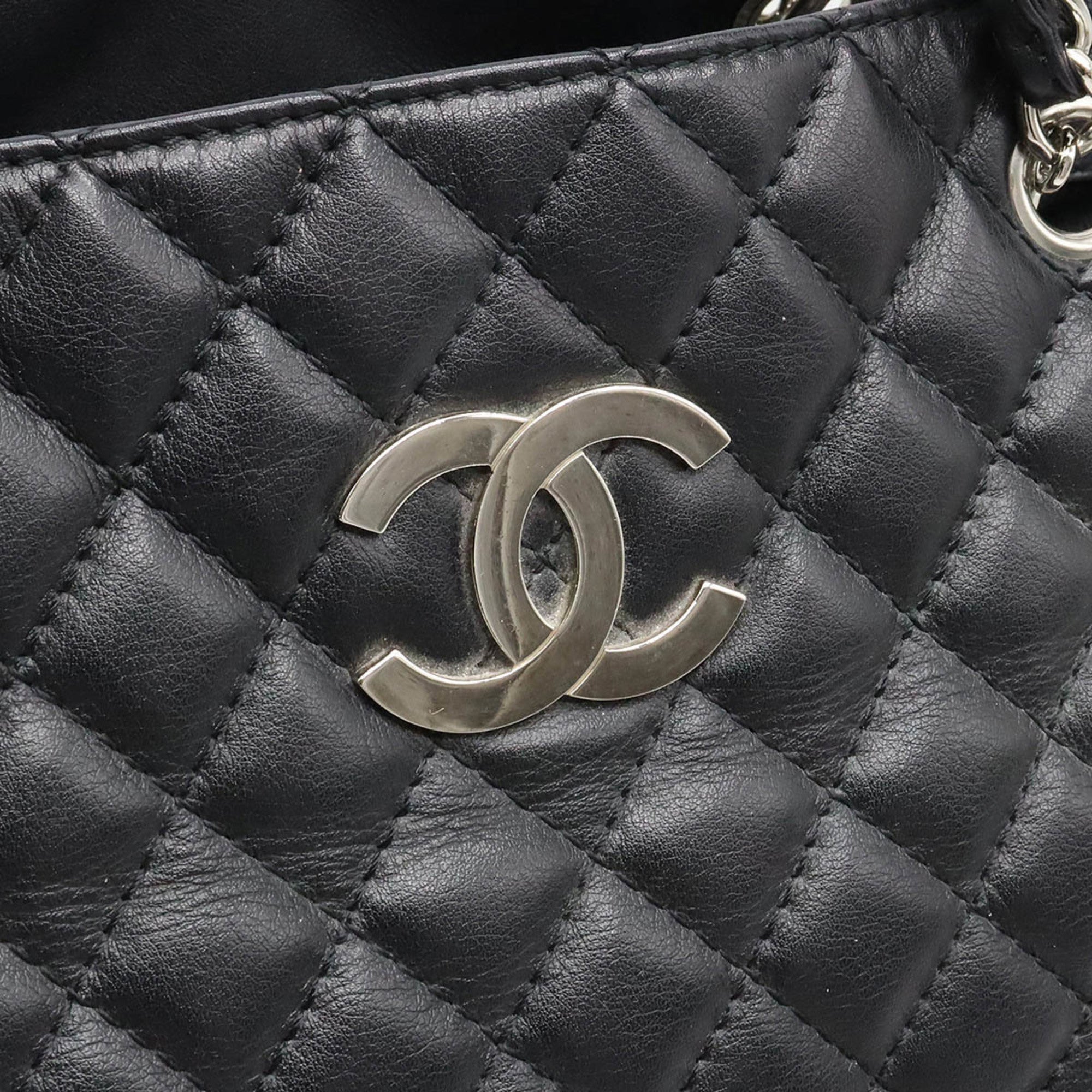 CHANEL matelasse here mark chain tote bag shoulder leather black