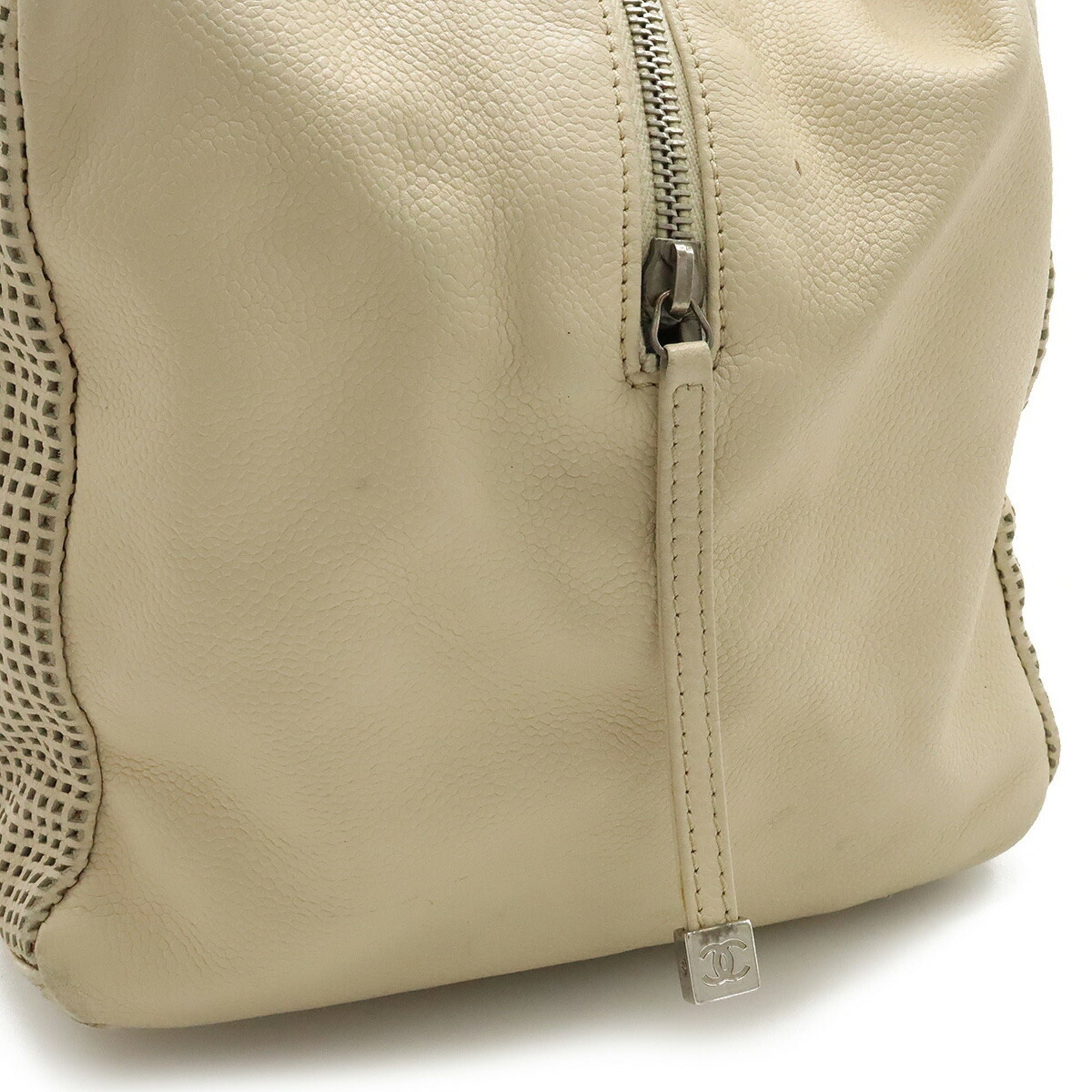 CHANEL Cocomark Handbag Boston Punching Mesh Leather Beige