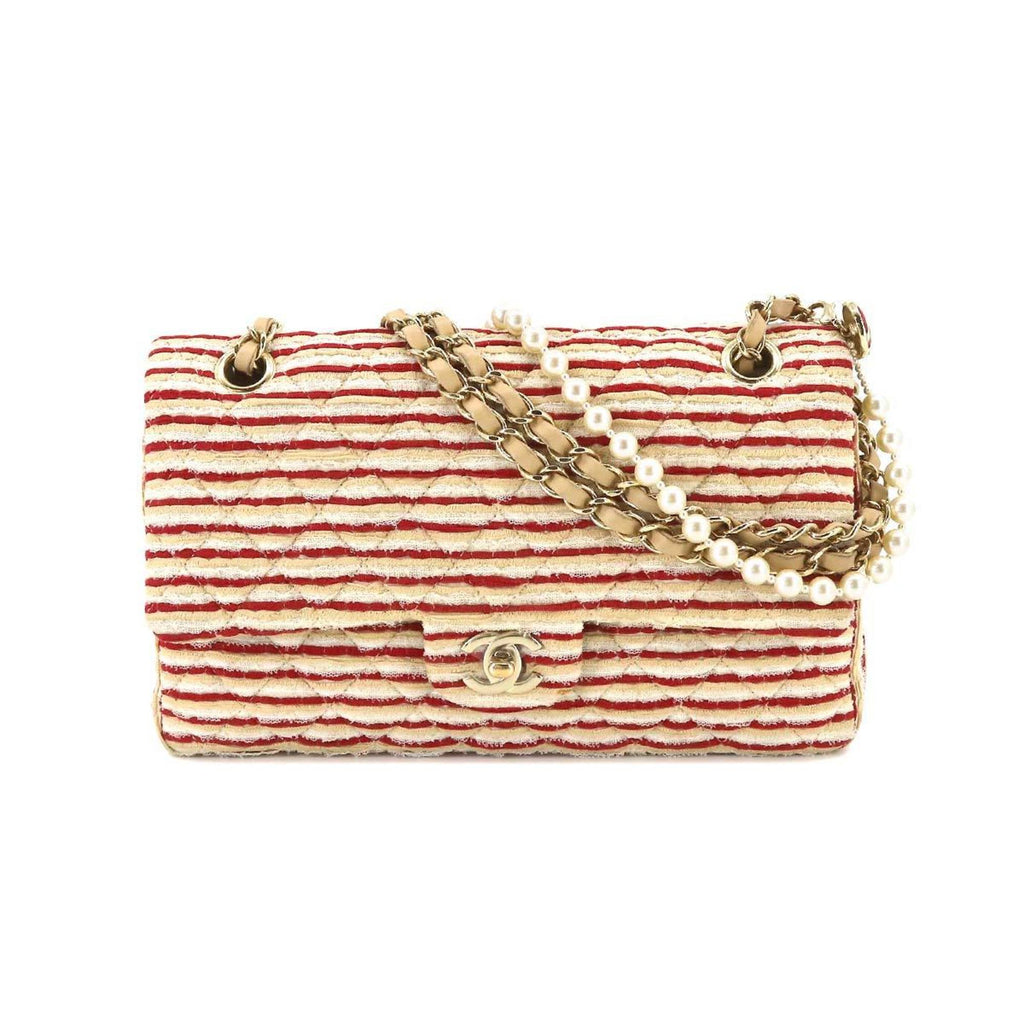CHANEL Coco Sailor Matelasse Chain Shoulder Bag Pearl Strap Canvas Leather Beige Red Border A90100
