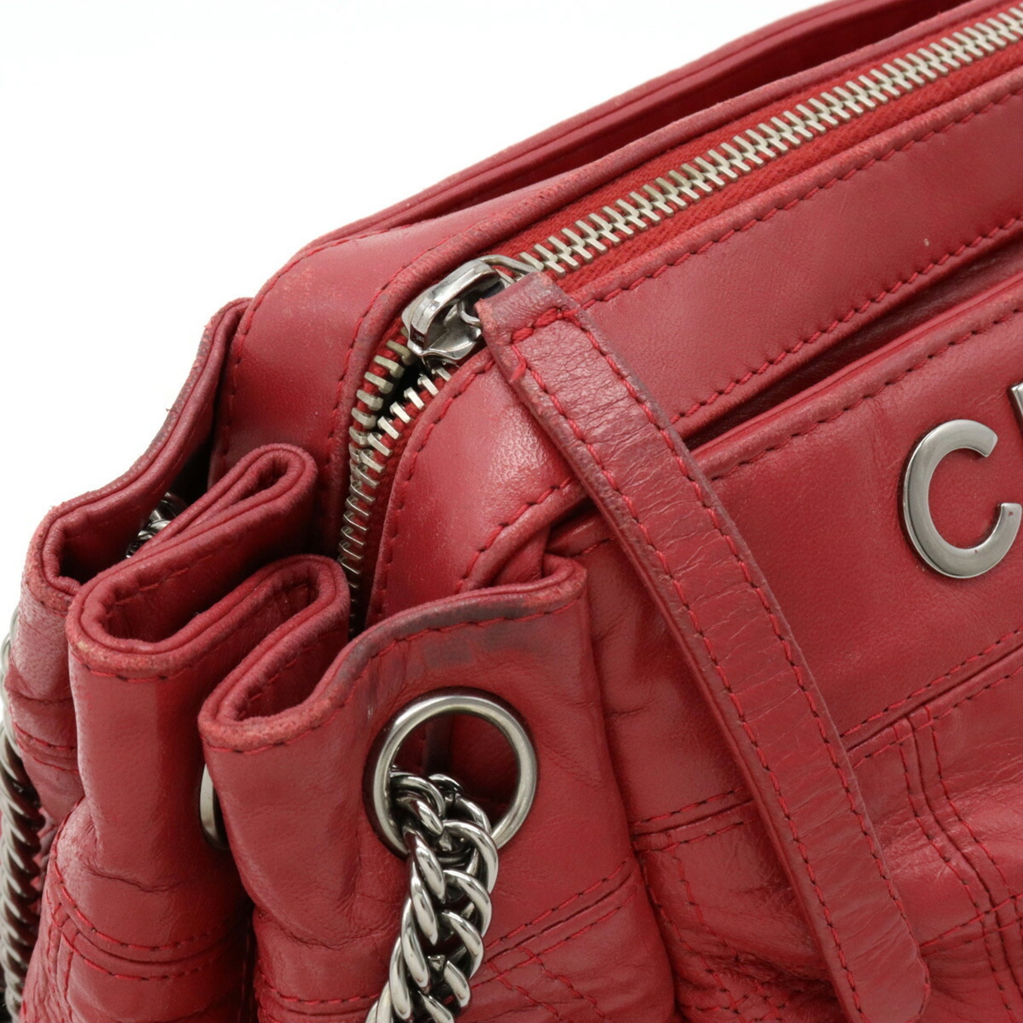 CHANEL Chocolate Bar Chain Shoulder Bag Leather Rose Madder Pink Red