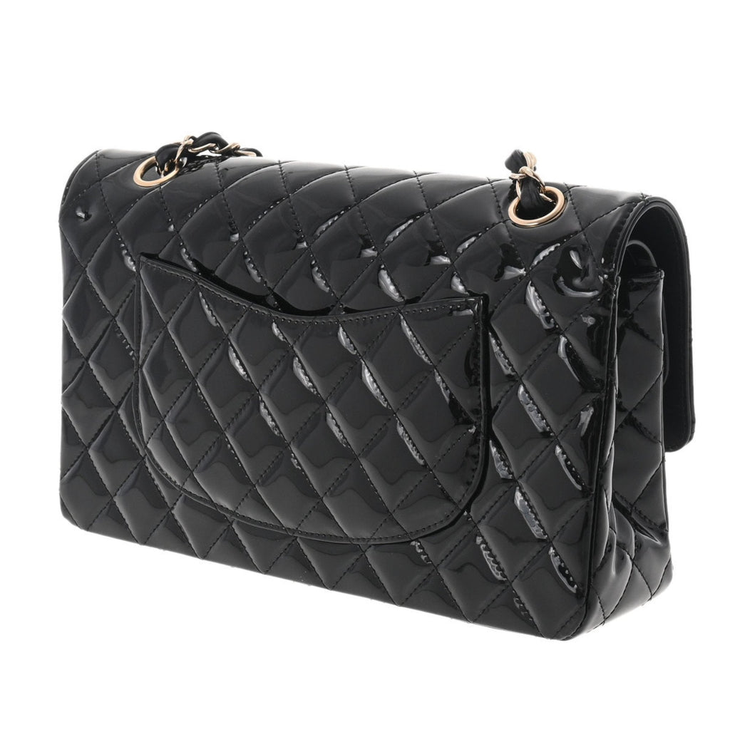 CHANEL matelasse W flap chain shoulder 25 black champagne ladies patent leather bag