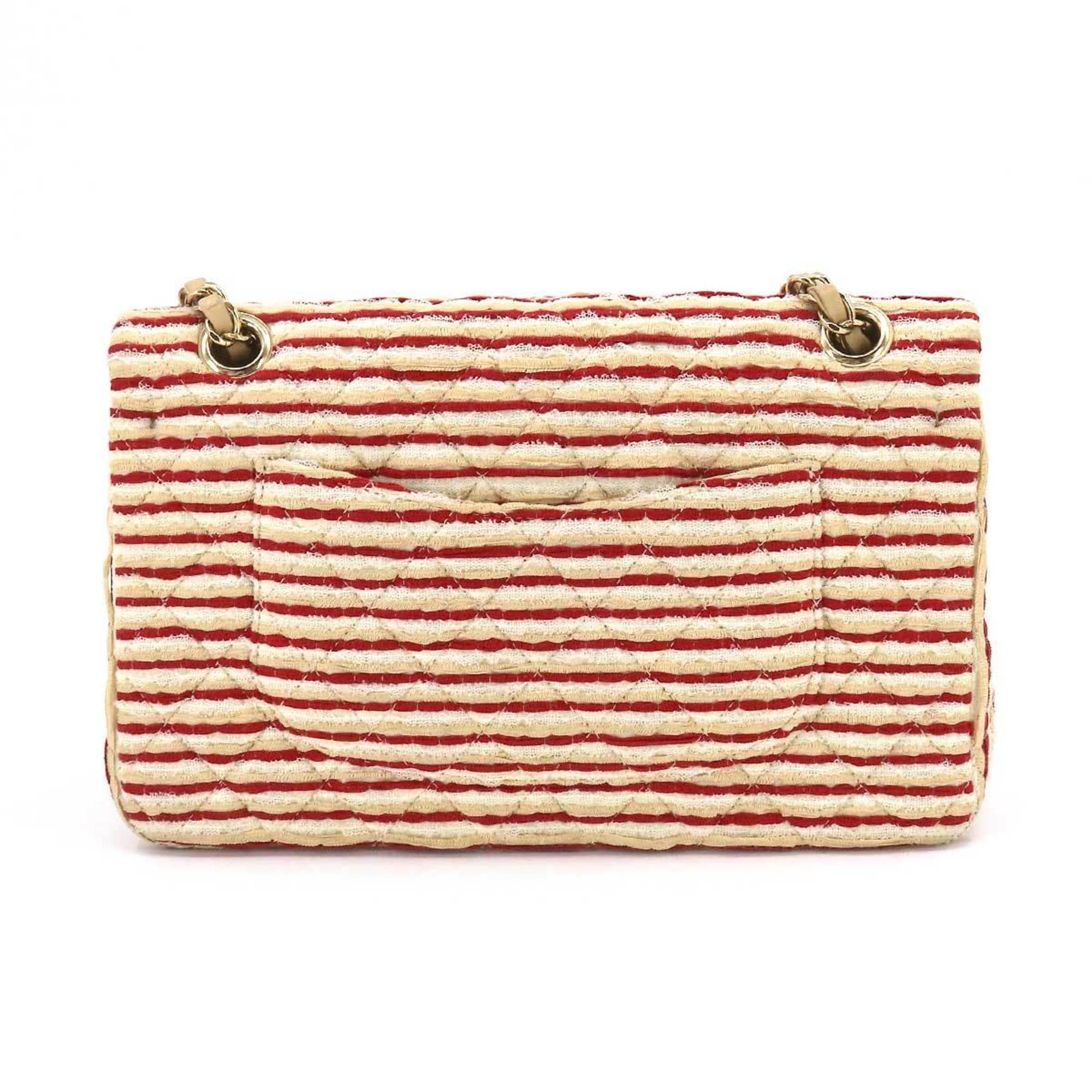 CHANEL Coco Sailor Matelasse Chain Shoulder Bag Pearl Strap Canvas Leather Beige Red Border A90100