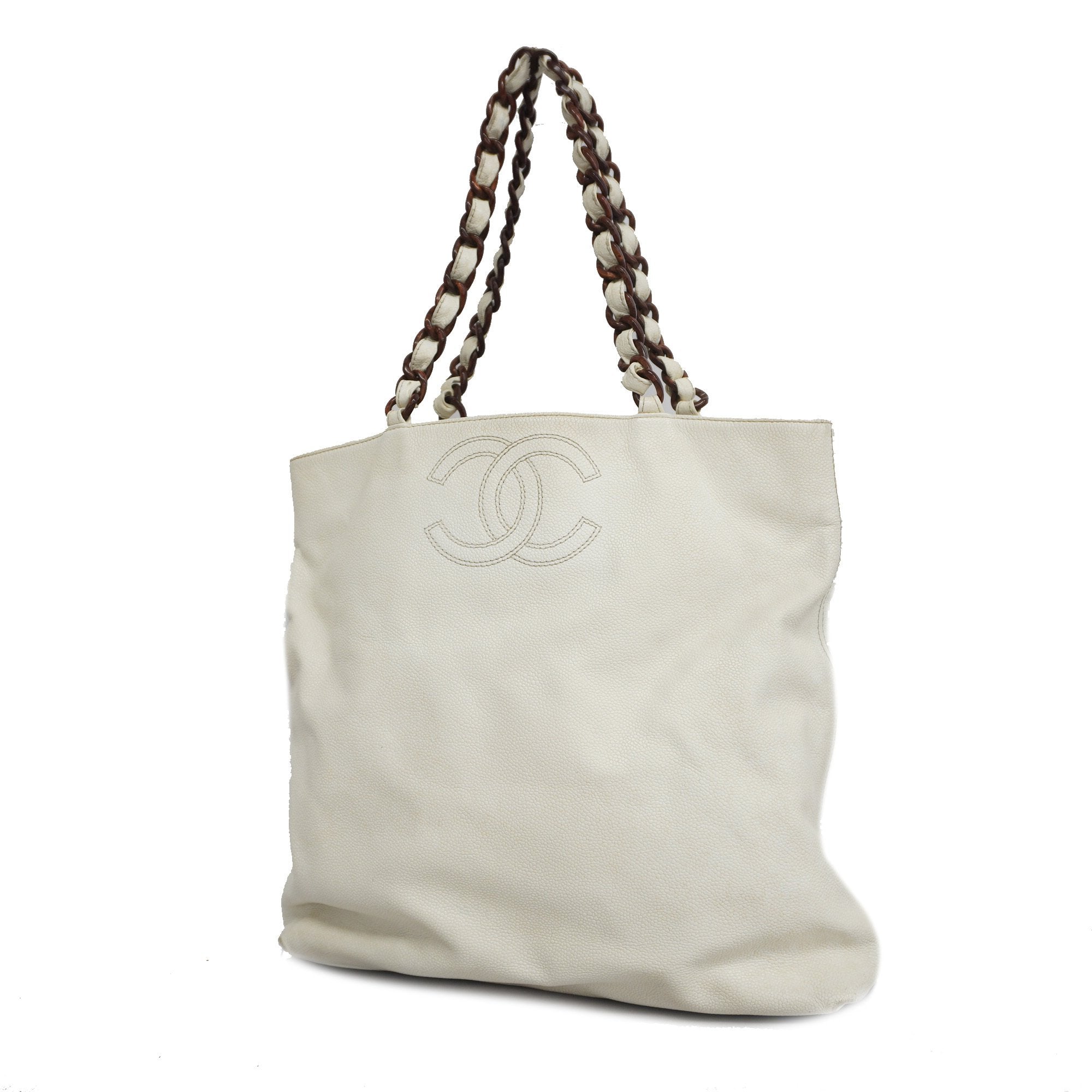 CHANEL TOTE BAG CAVIAR SKIN WHITE GOLD metal