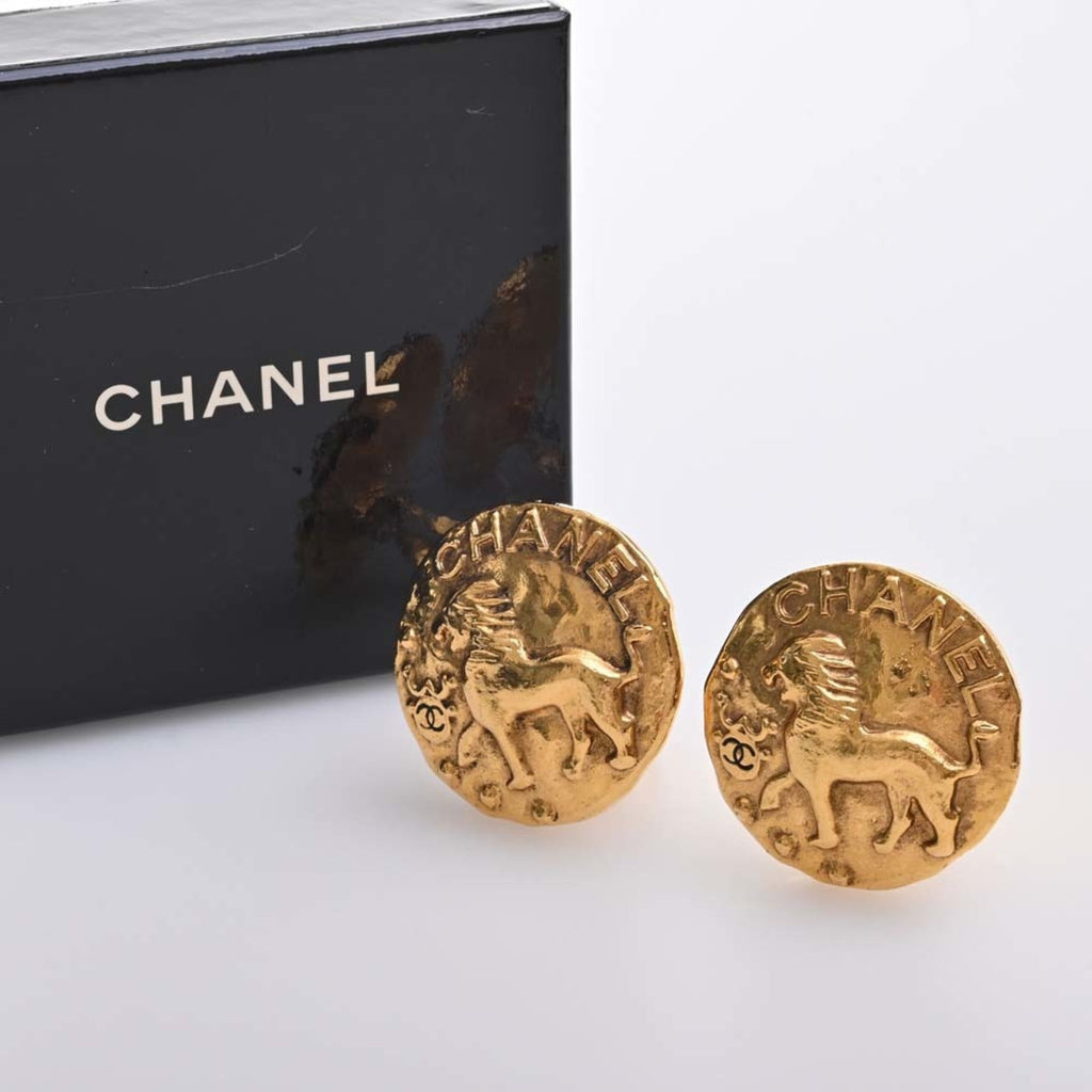 CHANEL lion motif earrings gold ladies