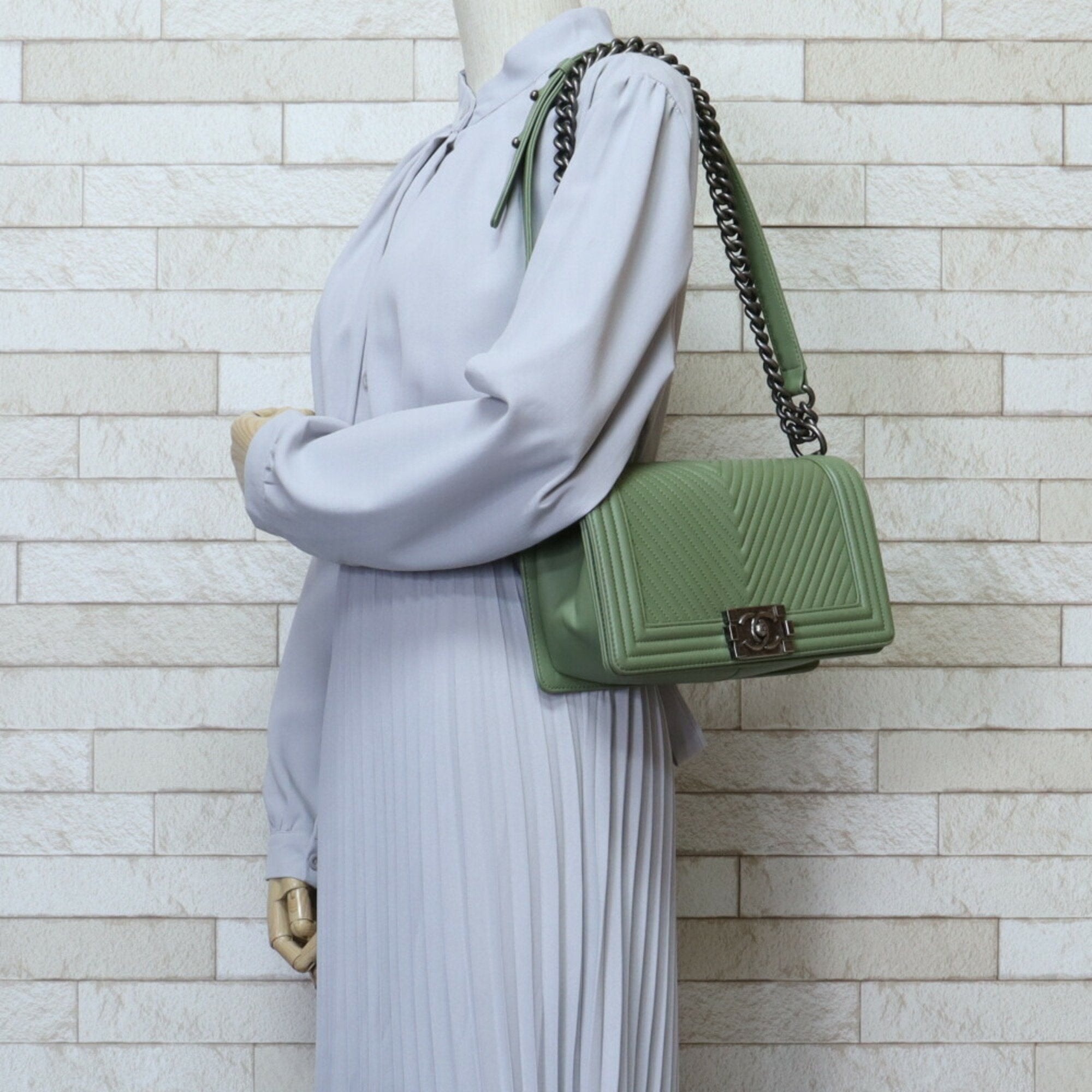 CHANEL Boy  V Stitch Shoulder Bag Lambskin Green Women's