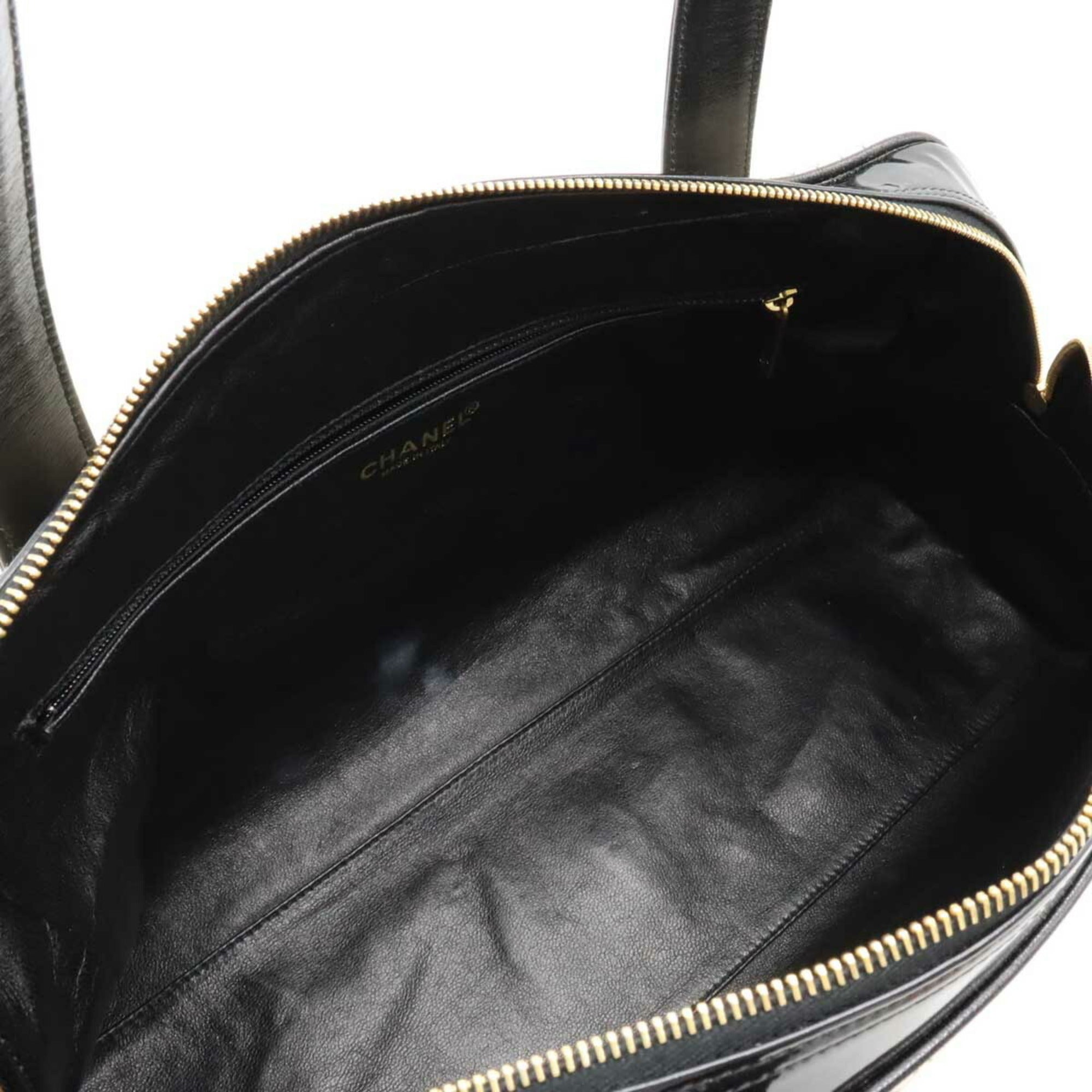 CHANEL Cocomark Quilted Bowling Bag Boston Shoulder Patent Leather Cotton Beige Black