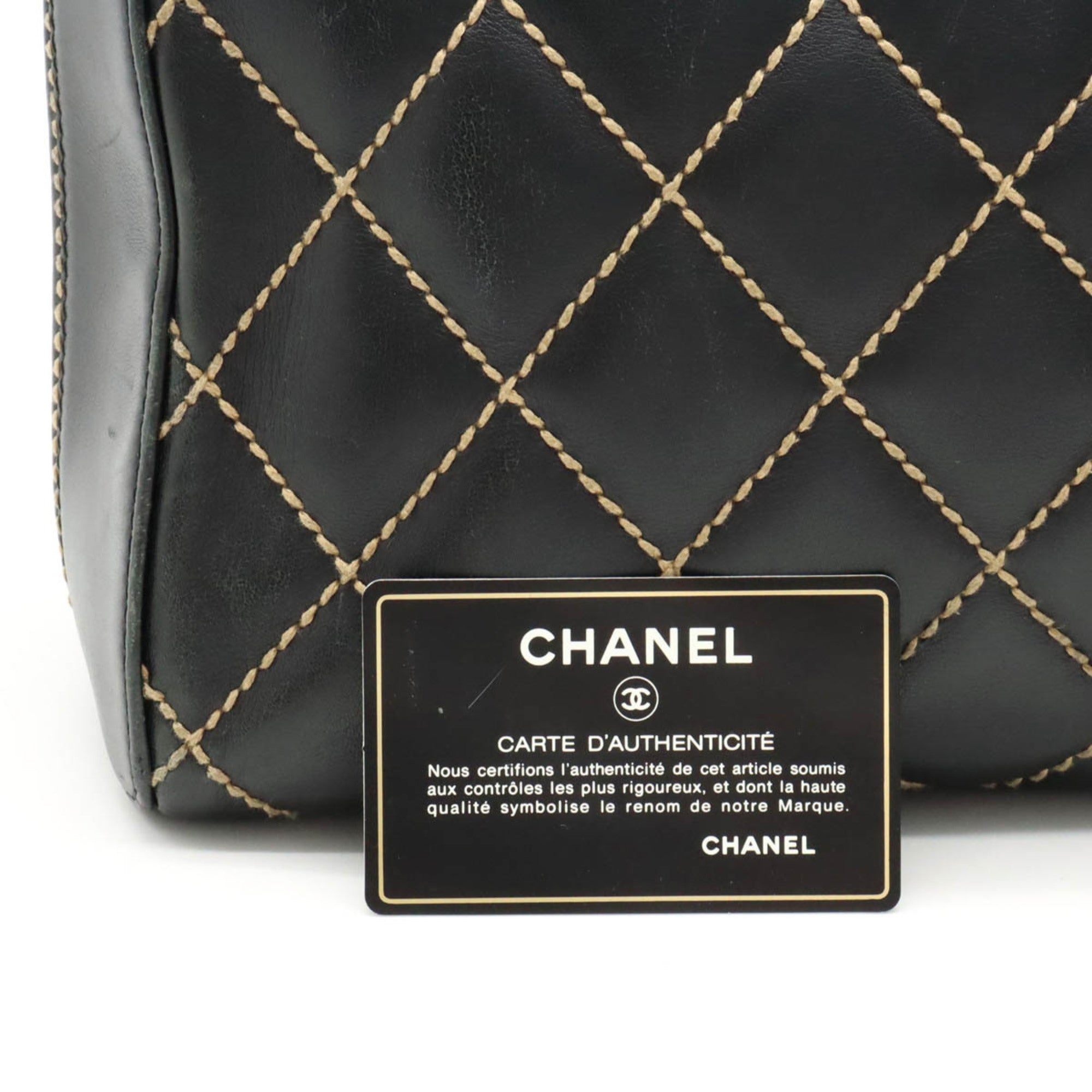 CHANEL Wild Stitch Handbag Boston Bag Leather Black A14692