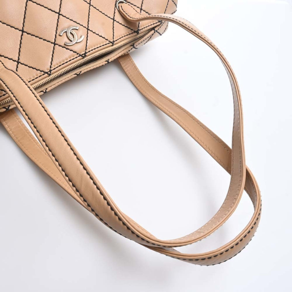CHANEL Leather Wild Stitch Coco Mark Tote Bag Beige Ladies