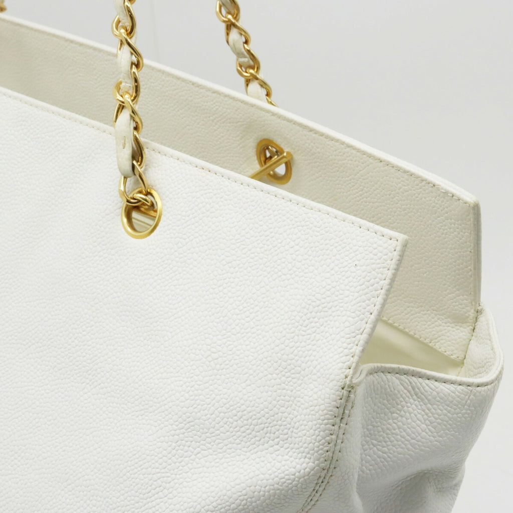 CHANEL Caviar Skin Coco Mark Chain Tote Bag Shoulder Leather White