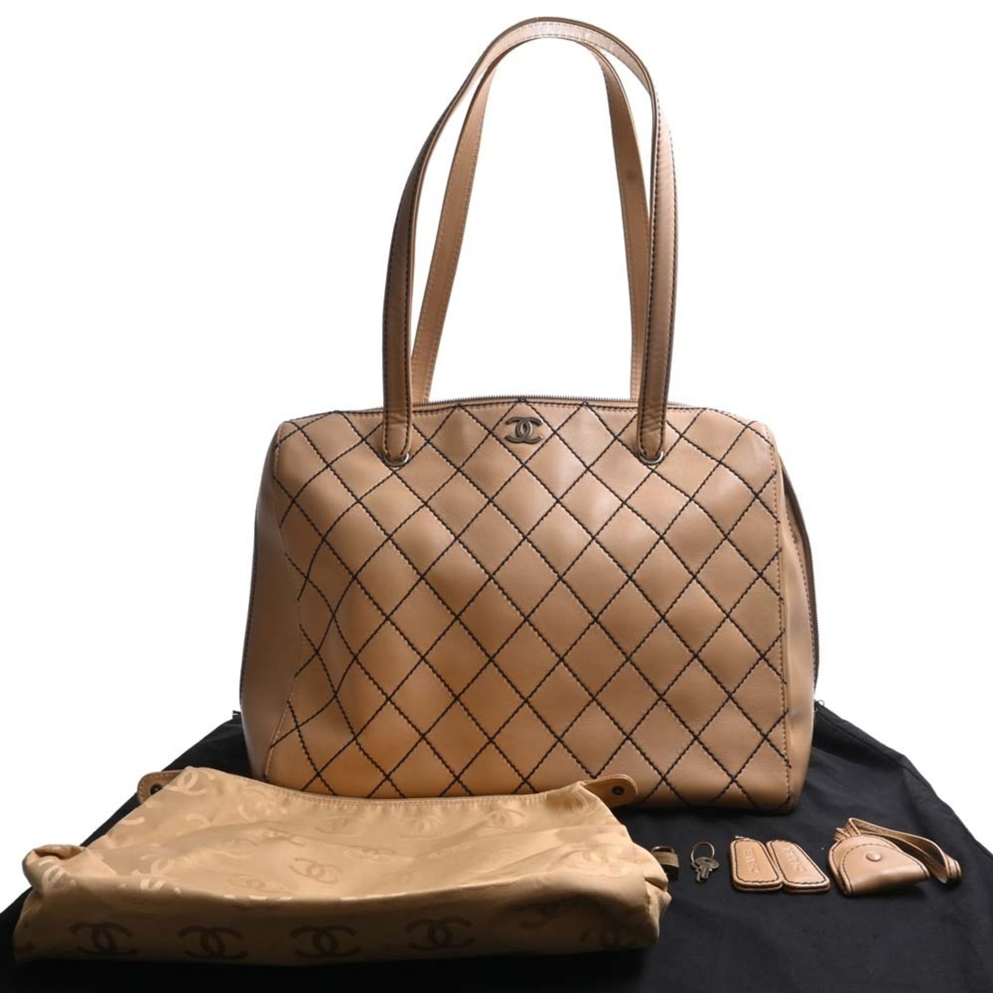 CHANEL Leather Wild Stitch Coco Mark Tote Bag Beige Ladies