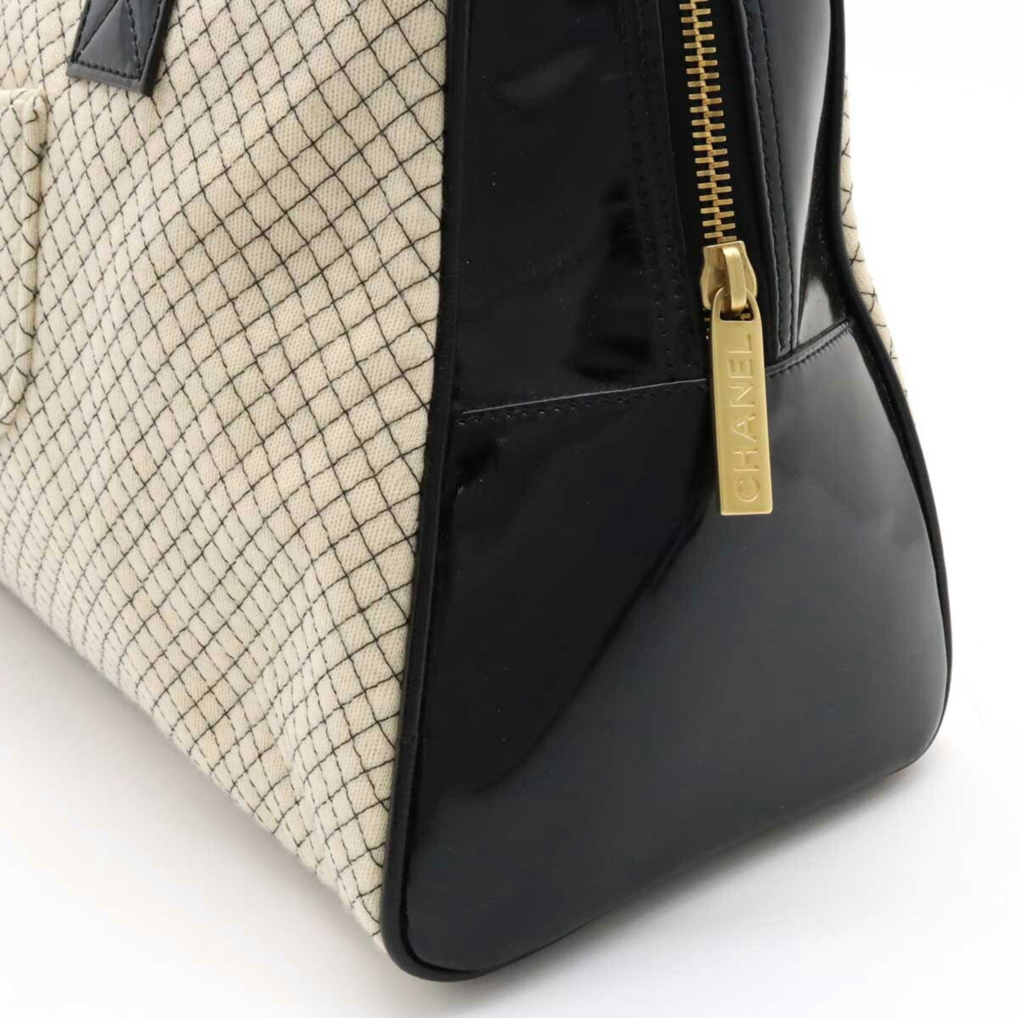 CHANEL Cocomark Quilted Bowling Bag Boston Shoulder Patent Leather Cotton Beige Black
