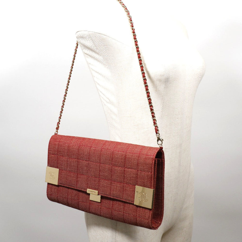CHANEL chain shoulder chocolate bar line cotton canvas red ladies bag