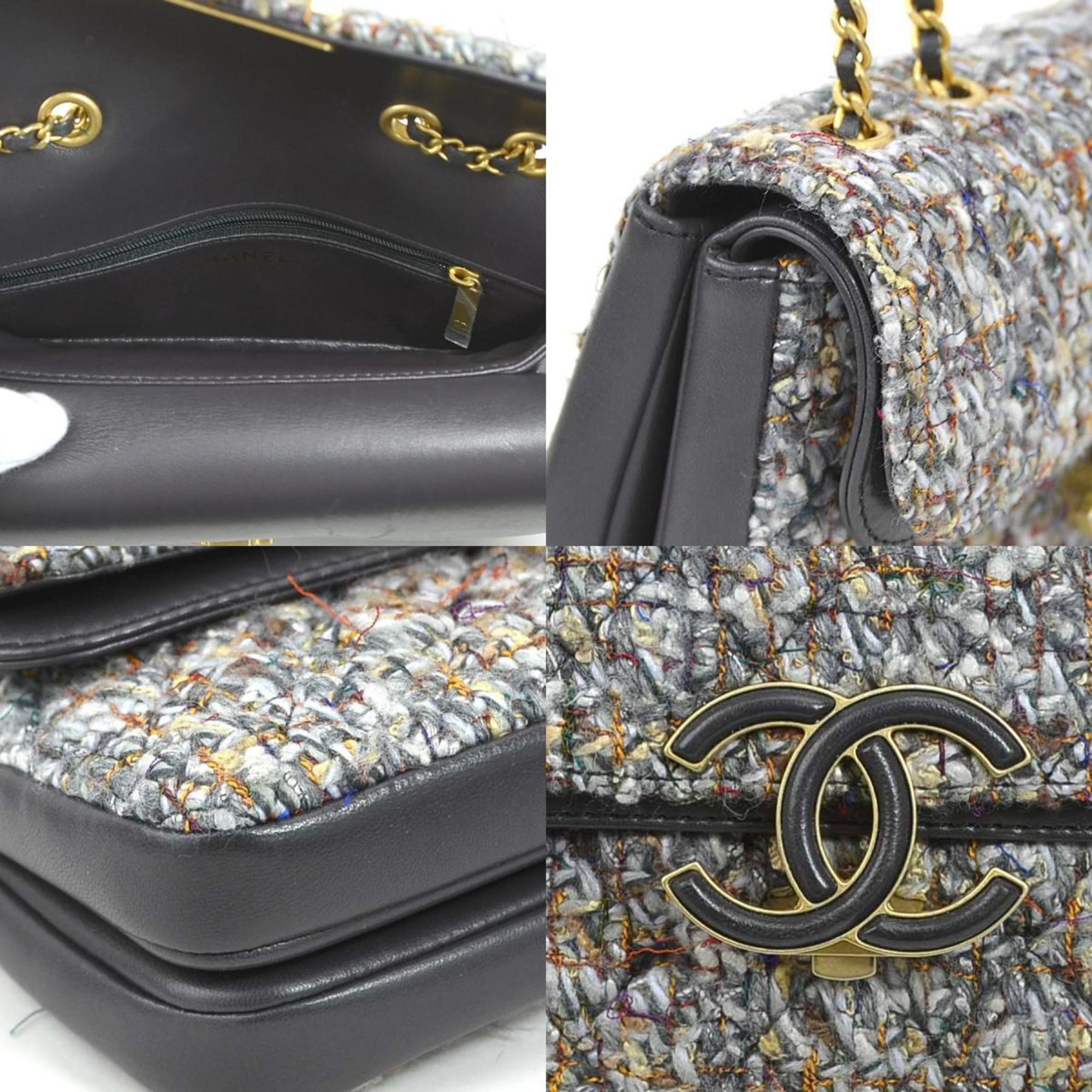 CHANEL Shoulder Bag Coco Mark Tweed/Leather Gray/Blue/Multicolor Gold Ladies