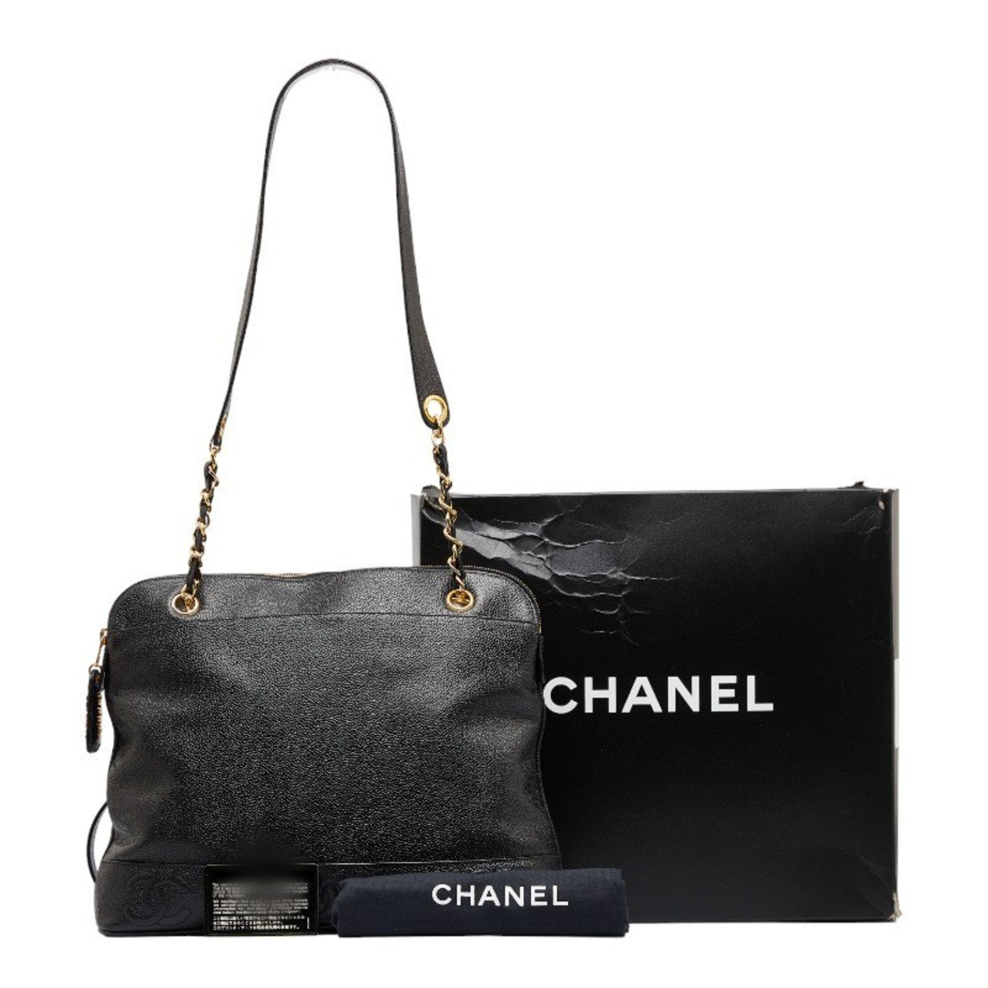 CHANEL here mark chain tote bag shoulder black caviar skin ladies