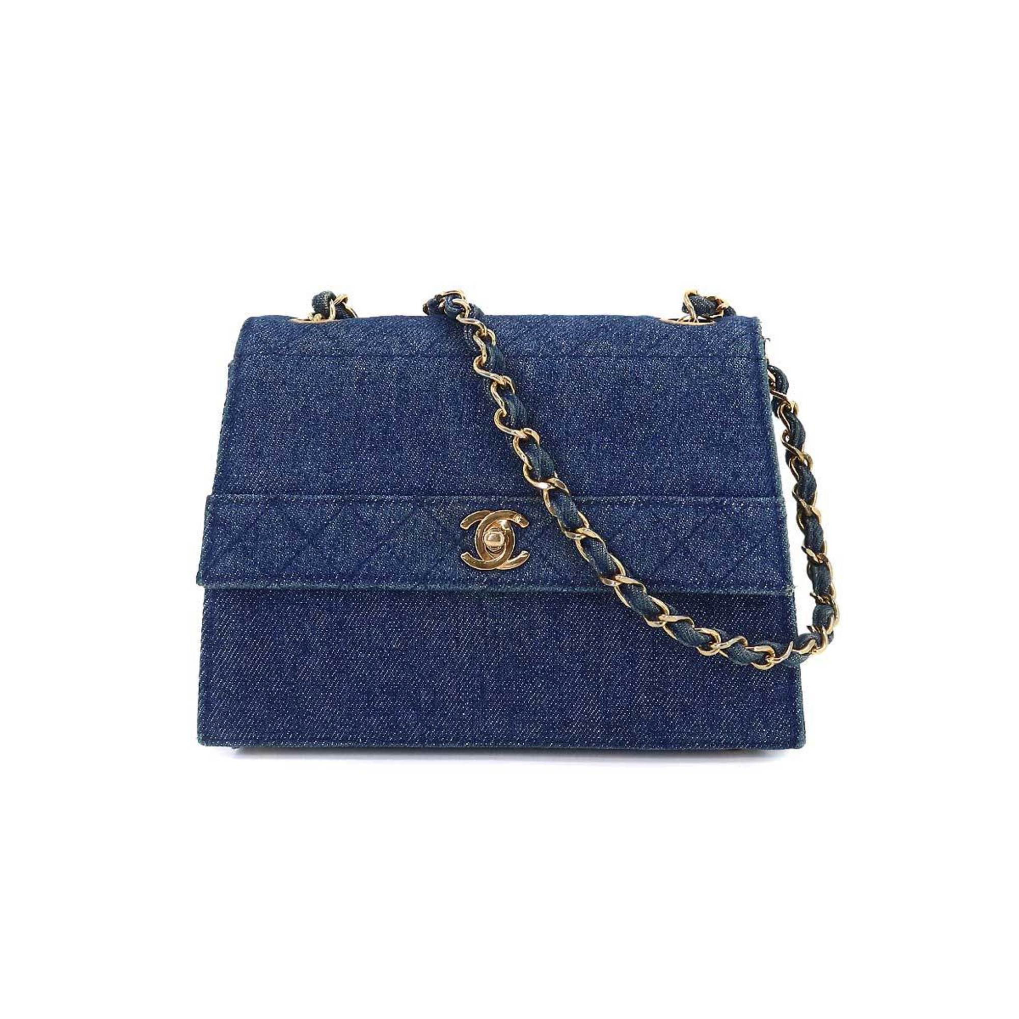 CHANEL Chain Shoulder Bag Denim Blue Gold Hardware Vintage Matelasse