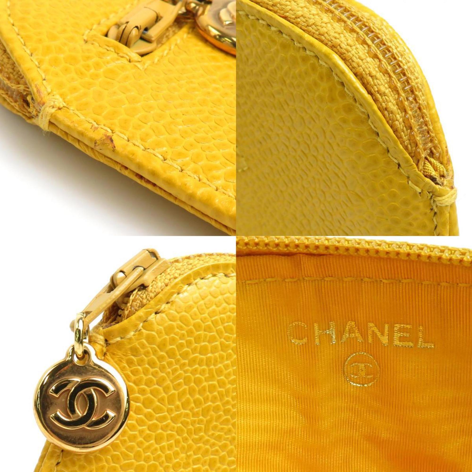 CHANEL Accessory Pouch Coco Mark Caviar Skin Leather Yellow Ladies