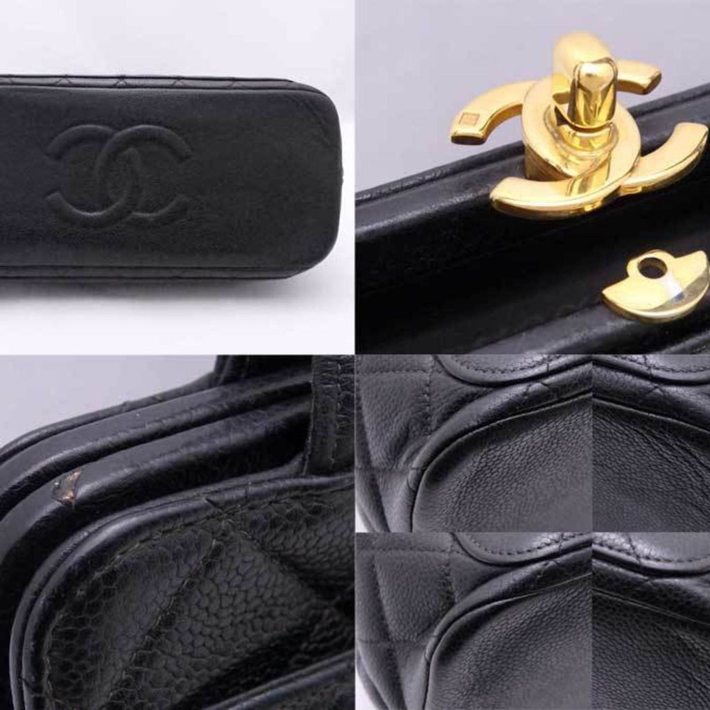 CHANEL shoulder bag matelasse caviar skin leather black gold ladies