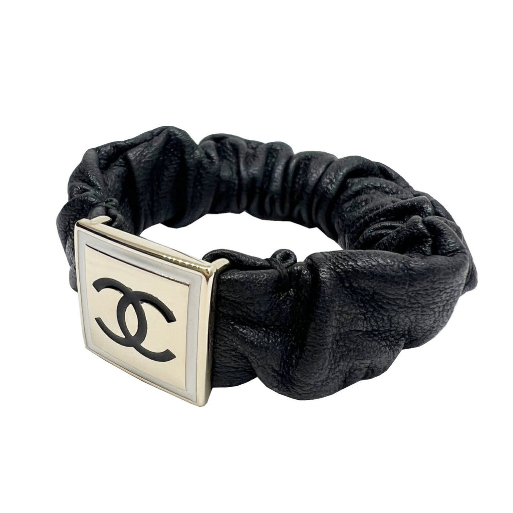 CHANEL Scrunchie B21B Coco Mark Hair Tie AB6832 Leather Black Women's