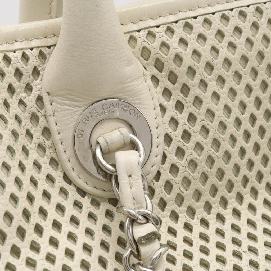 CHANEL Coco Mark Perforated Mesh Handbag Tote Bag Shoulder Chain Leather Ivory