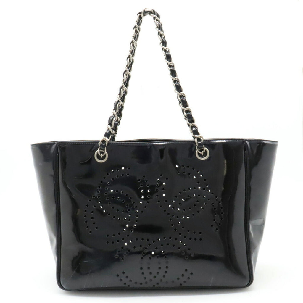 CHANEL Coco Mark Triple Punching Chain Shoulder Bag Tote Enamel Black