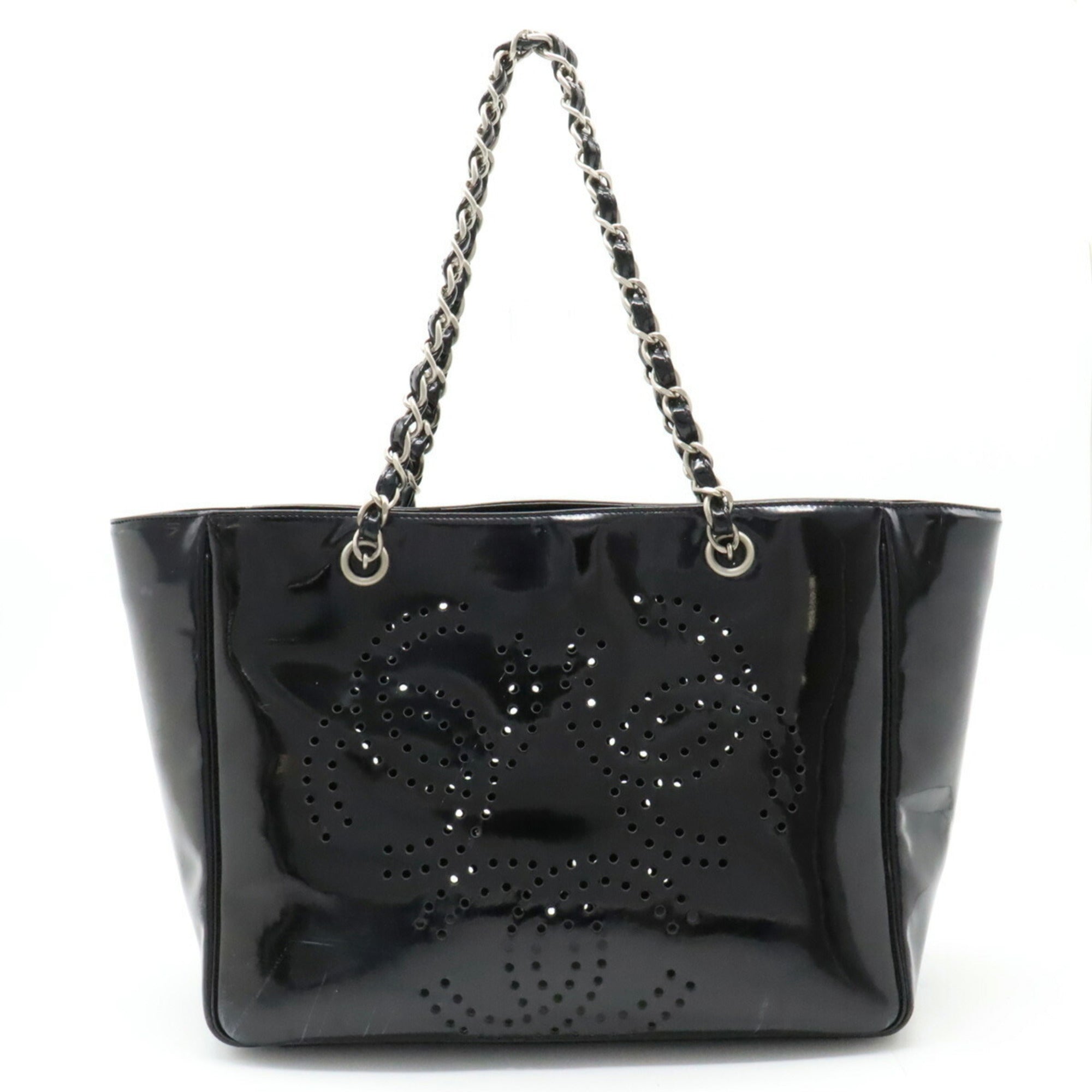 CHANEL Coco Mark Triple Punching Chain Shoulder Bag Tote Enamel Black