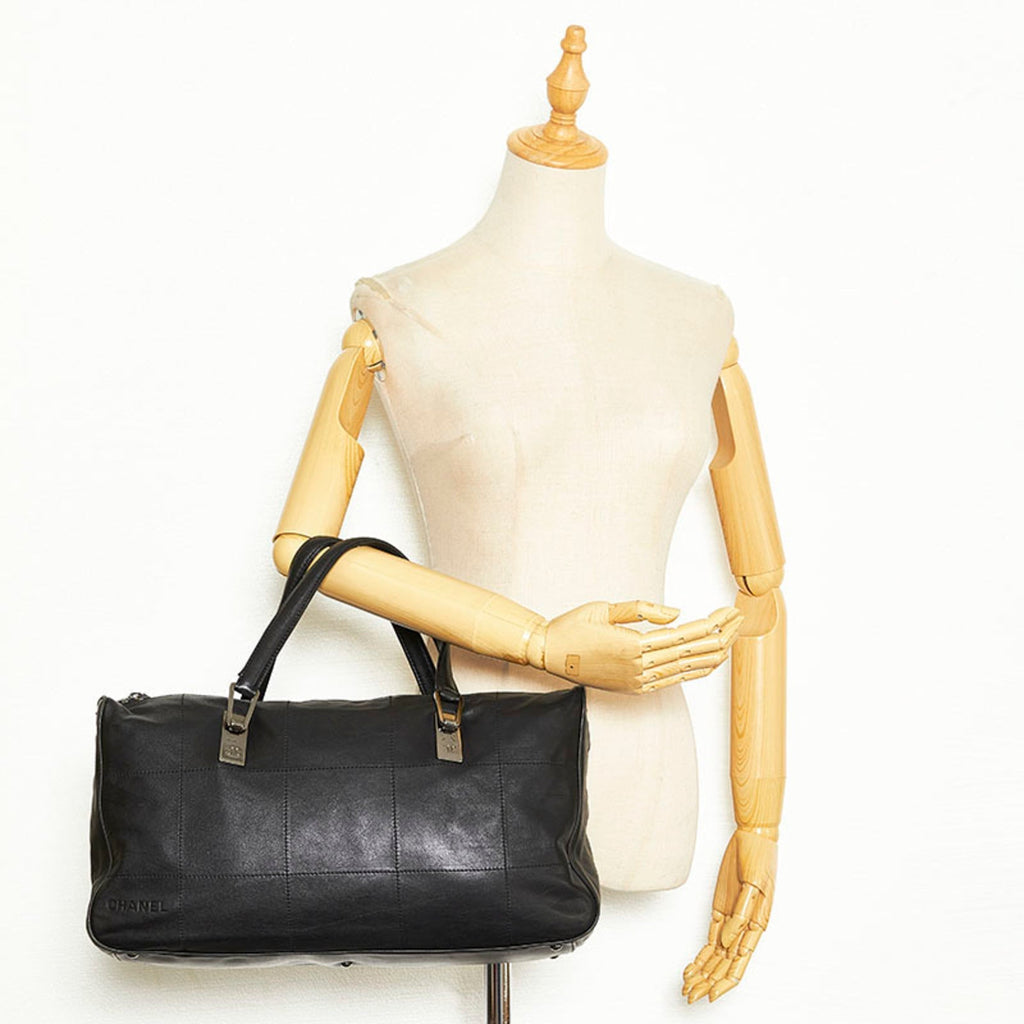 CHANEL Chocolate Bar Coco Mark Handbag Boston Bag Black Leather Ladies